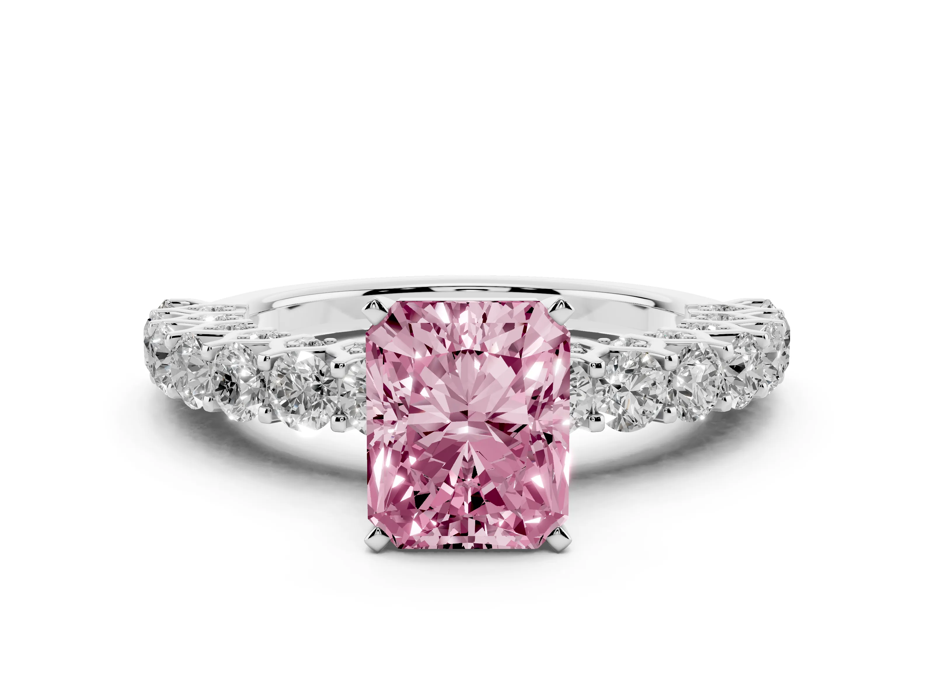 Fancy Pink Radiant Cut Diamond Solitaire Ring Set in Silver with Shared Prong Pavé Band