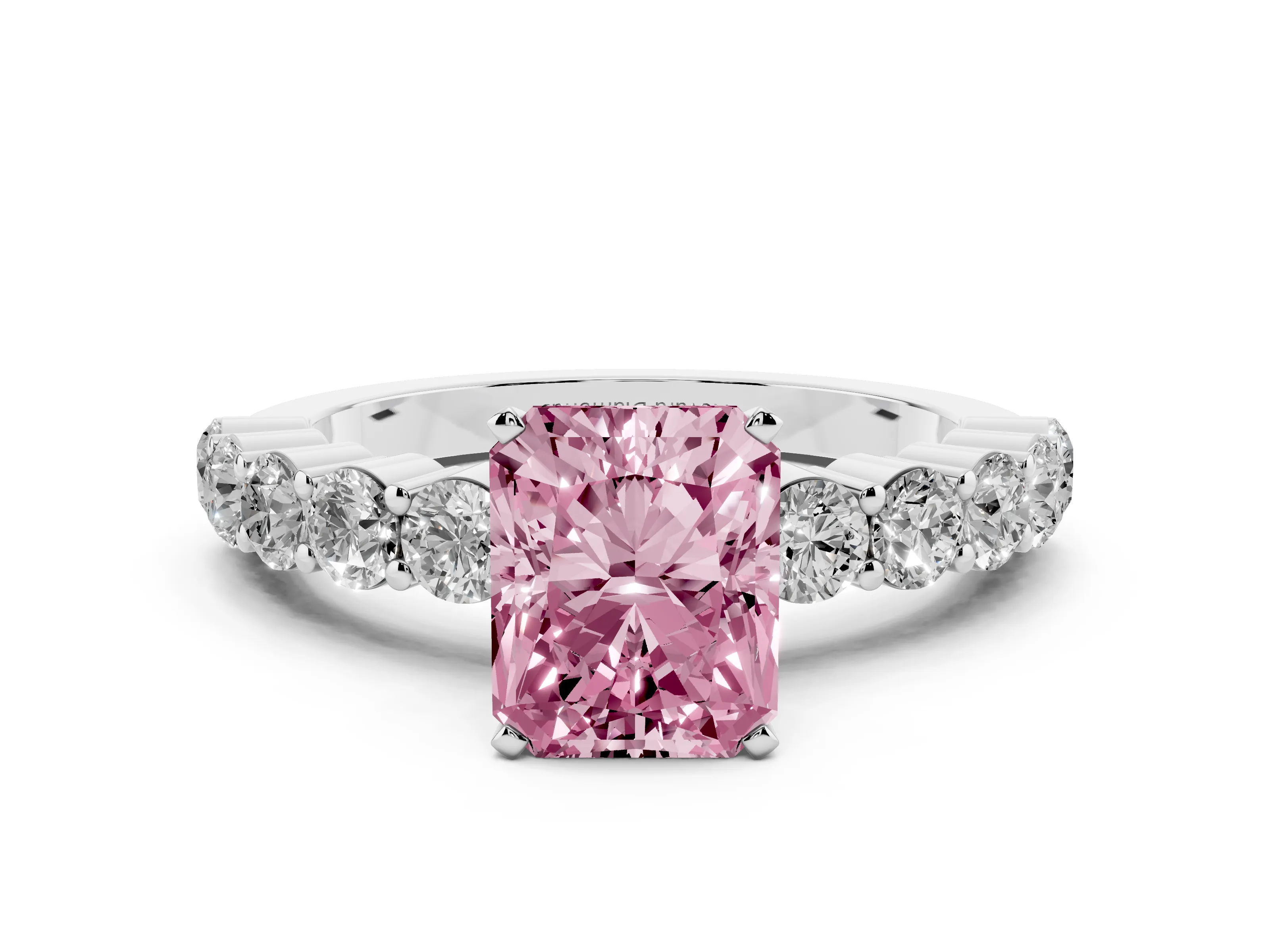 Fancy Pink Radiant Cut Diamond Solitaire Ring Set in Silver with Shared Prong Round Side Stones