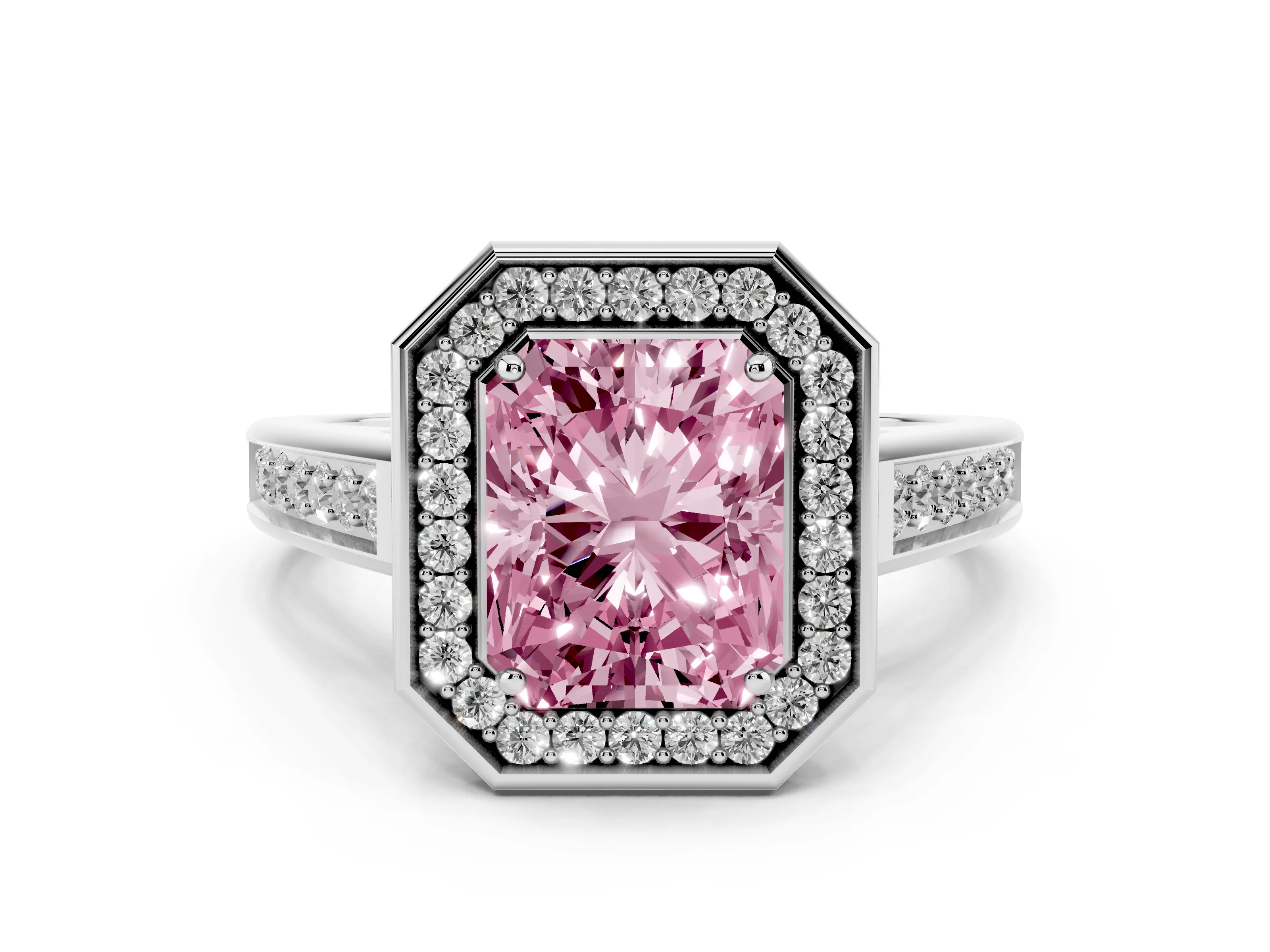Fancy Pink Radiant Cut Diamond Halo Solitaire Ring Set in White gold with Pavé Band and Bezel Setting