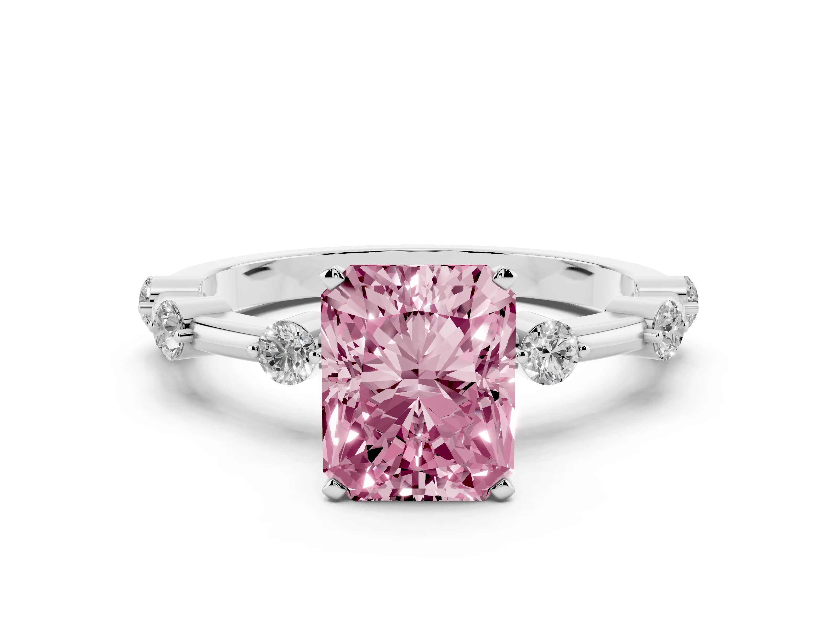 Fancy Pink Radiant Cut Diamond Solitaire Ring Set in Platinum with Bezel Set Side Stones and Prong Setting