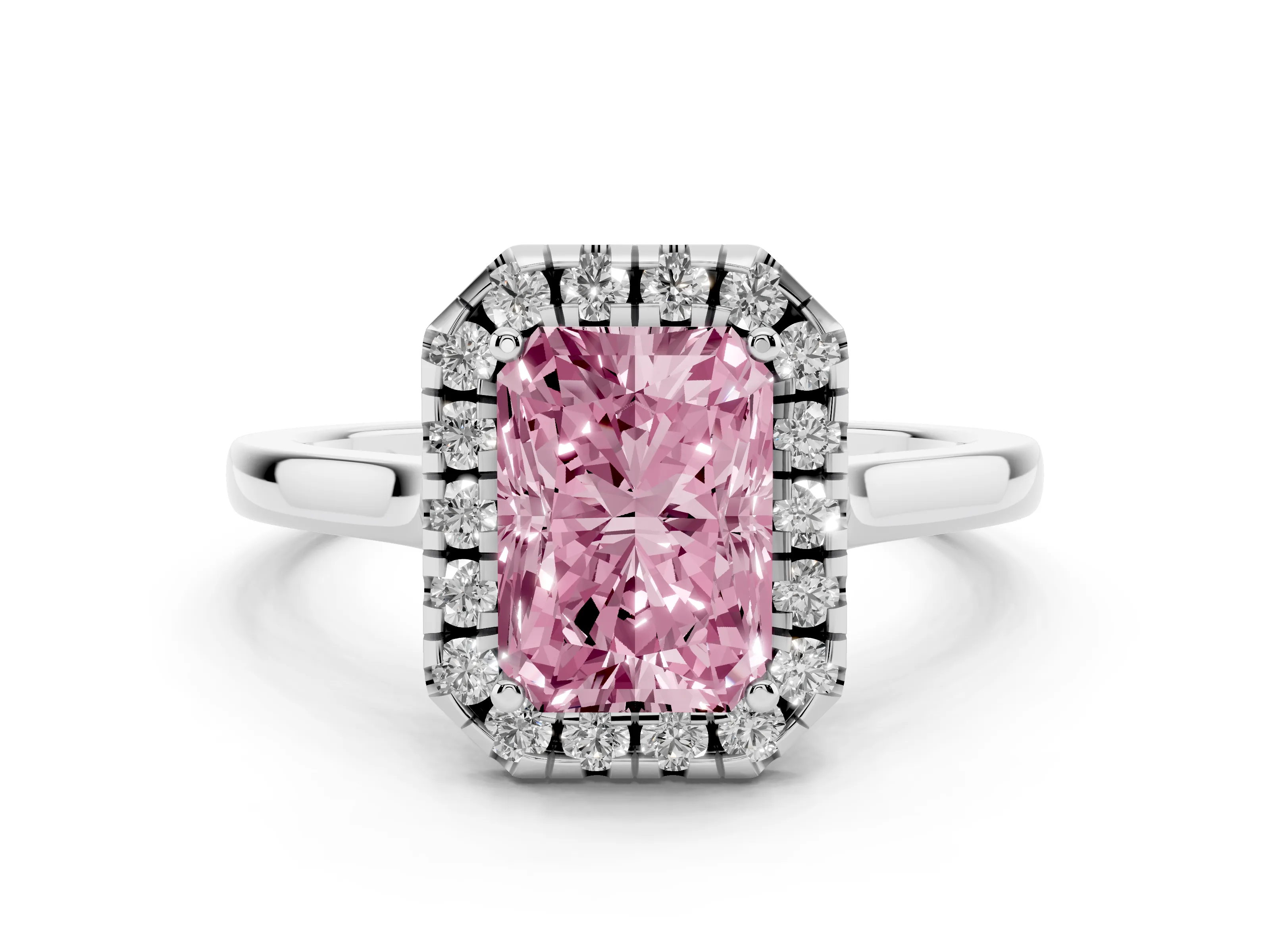 Fancy Pink Radiant Cut Halo Round Diamond Solitaire Ring Set in White gold with Pavé Band and Prong Setting
