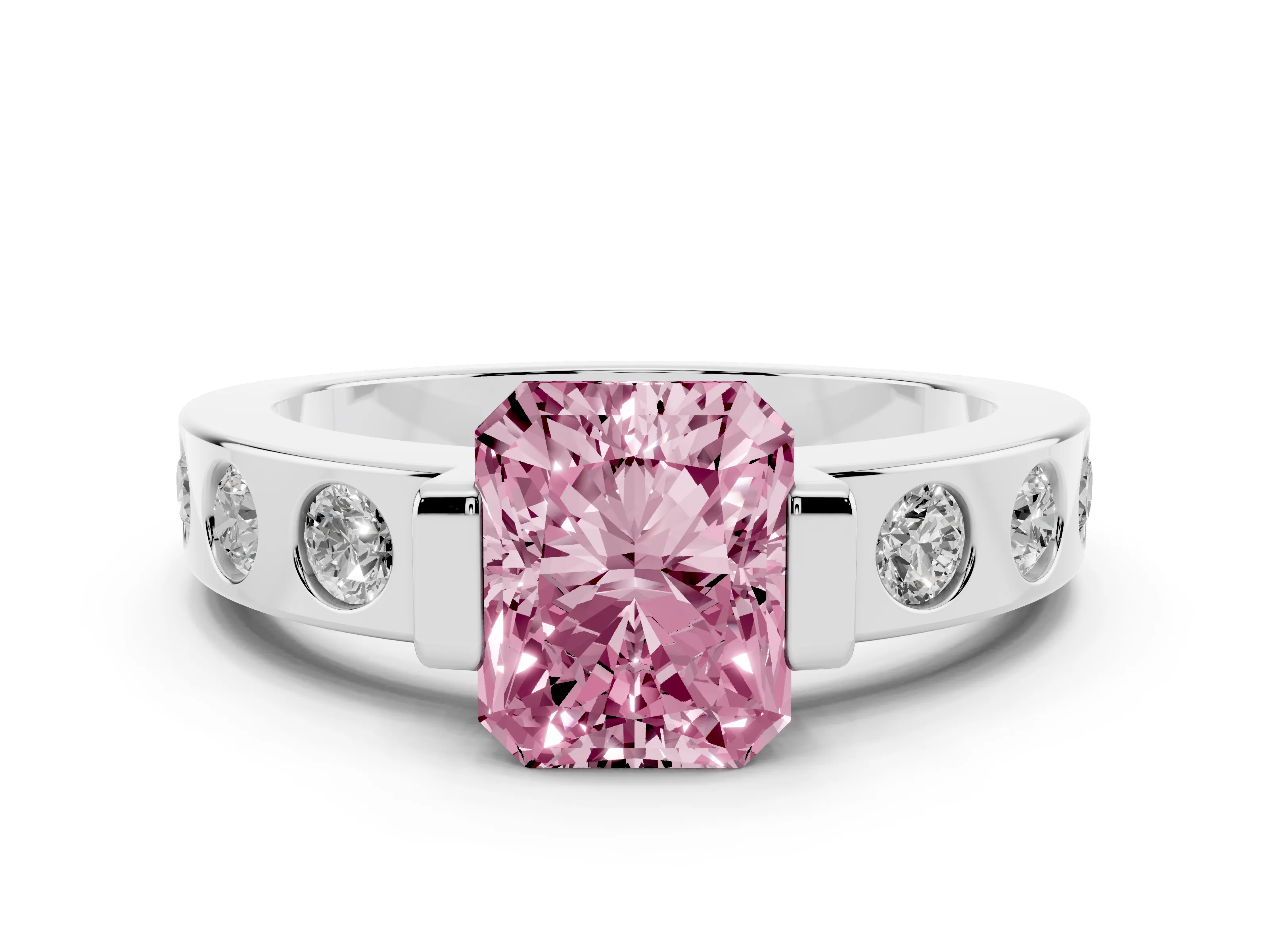 Fancy Pink Radiant Cut Diamond Channel-Set Band Ring Set in Silver with Bezel Prong Setting