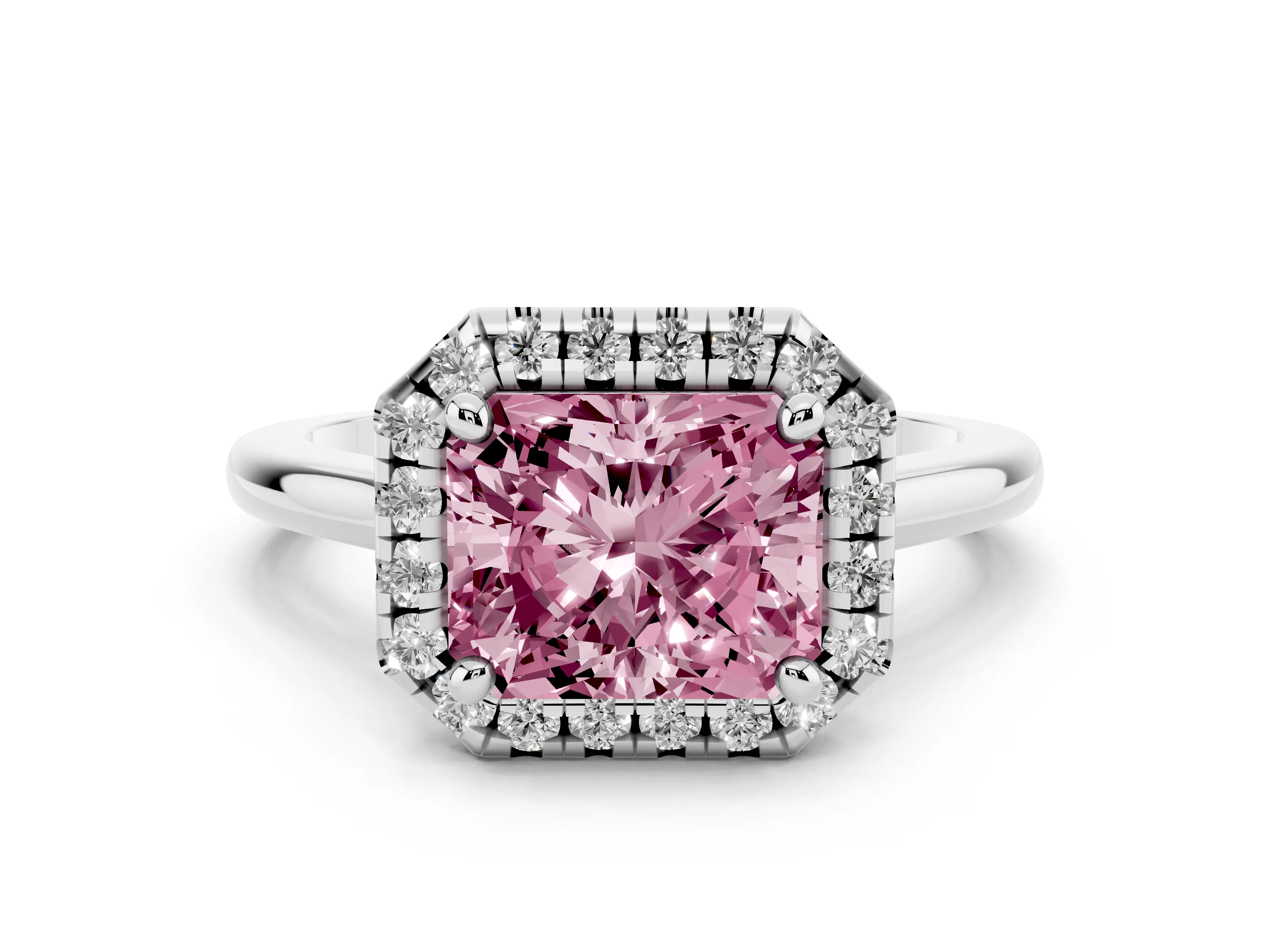 Fancy Pink Radiant Cut Diamond Halo Engagement Ring Set in White gold with Pavé Band and Rising Shoulders