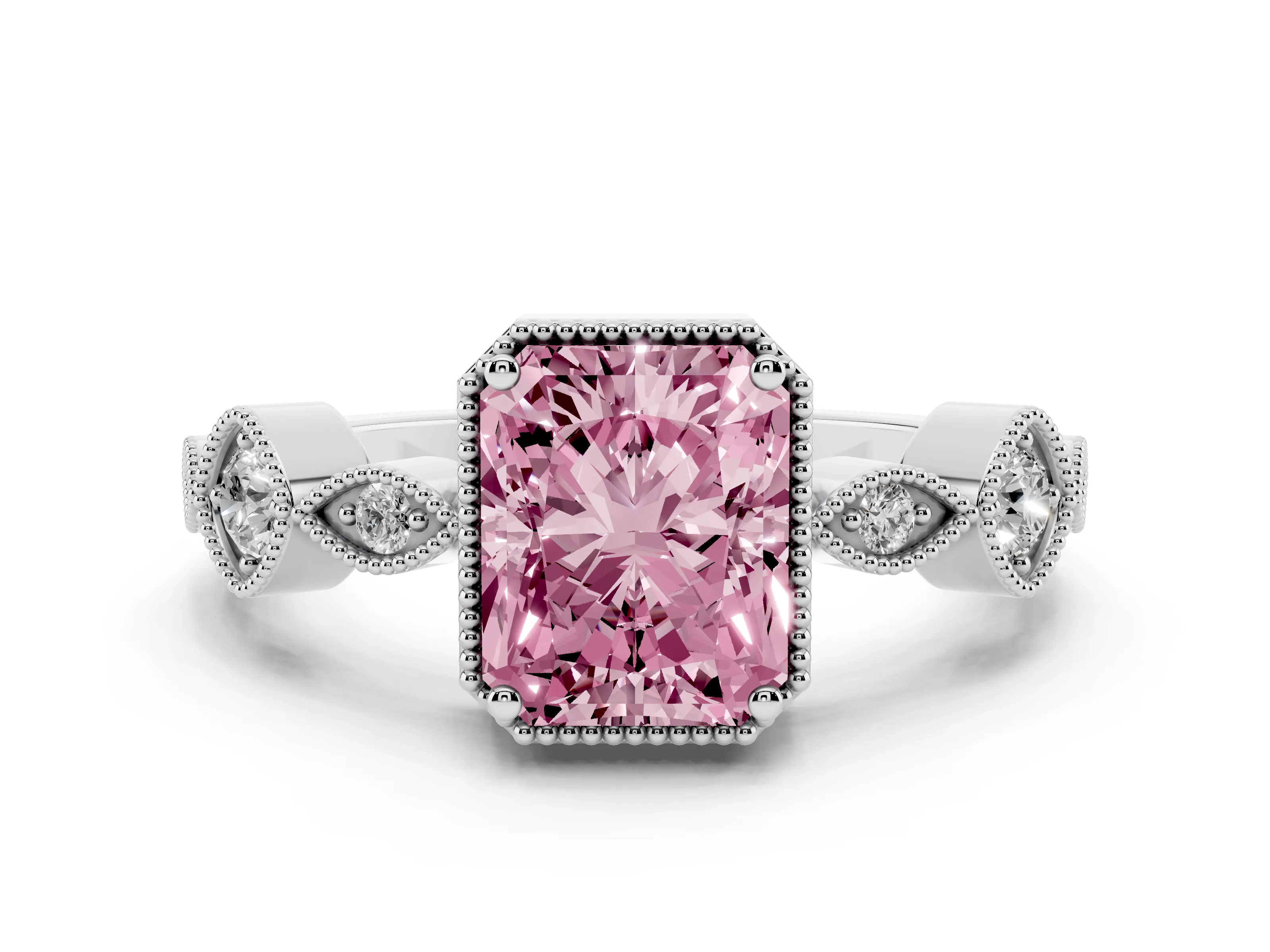 Fancy Pink Radiant Cut Diamond Vintage-Inspired Milgrain Ring Set in White gold with Marquise Stations of Round Accents