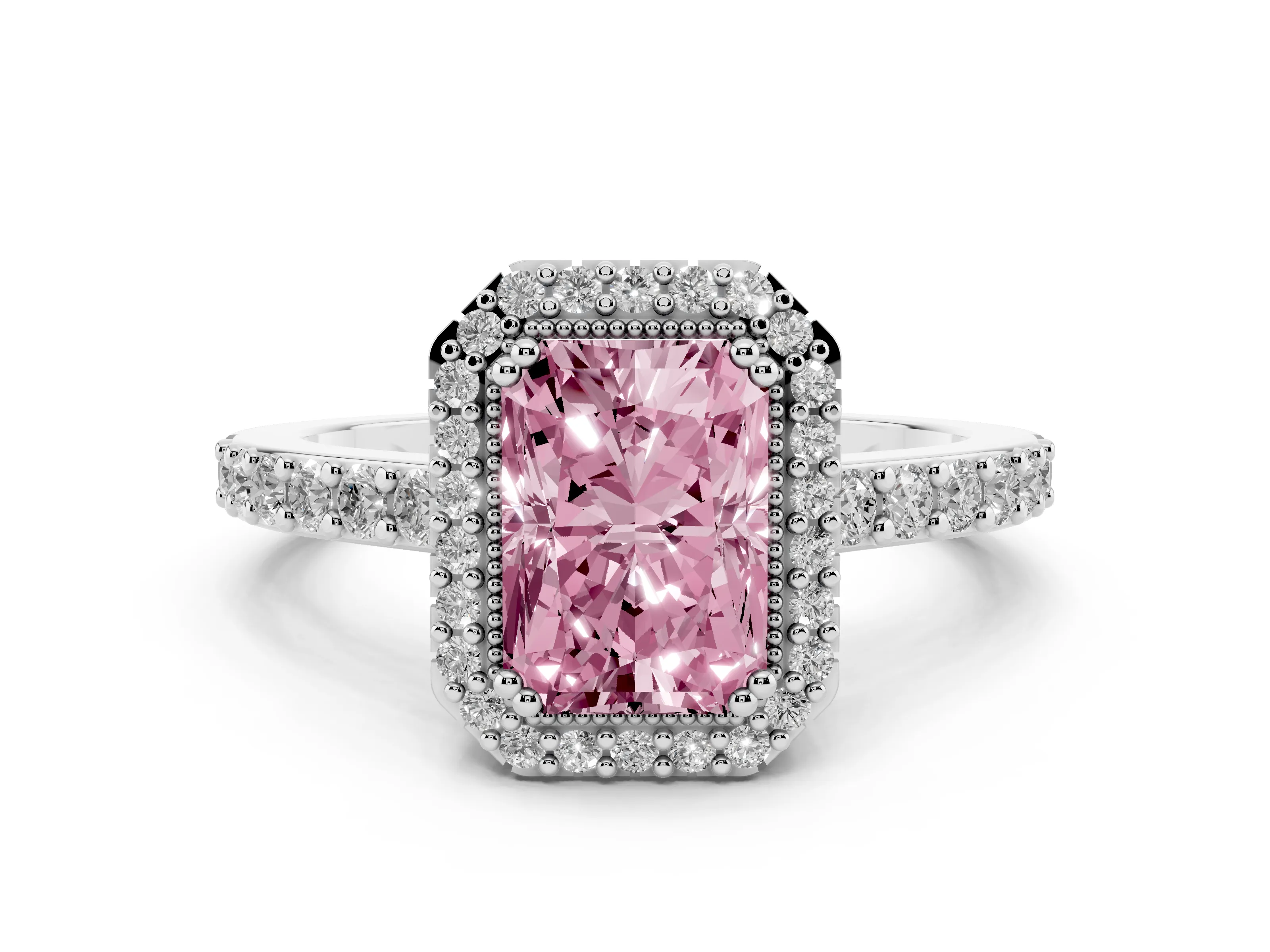 Fancy Pink Radiant Cut Diamond Halo Engagement Ring Set in Platinum with Milgrain Detail and Pavé Band