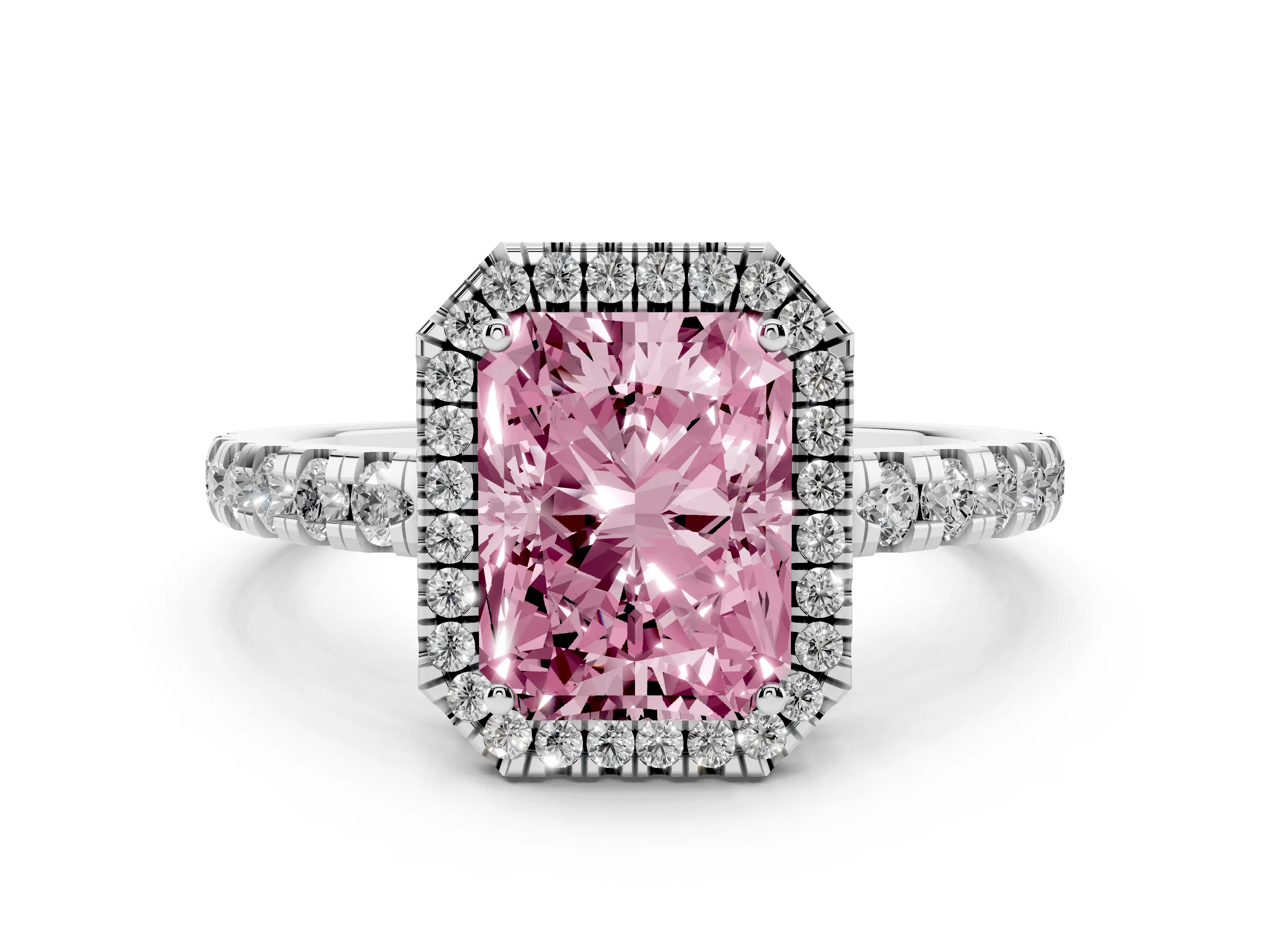 Fancy Pink Radiant Cut Diamond Halo Ring Set in Platinum with Delicate Pavé Band and Prong Setting