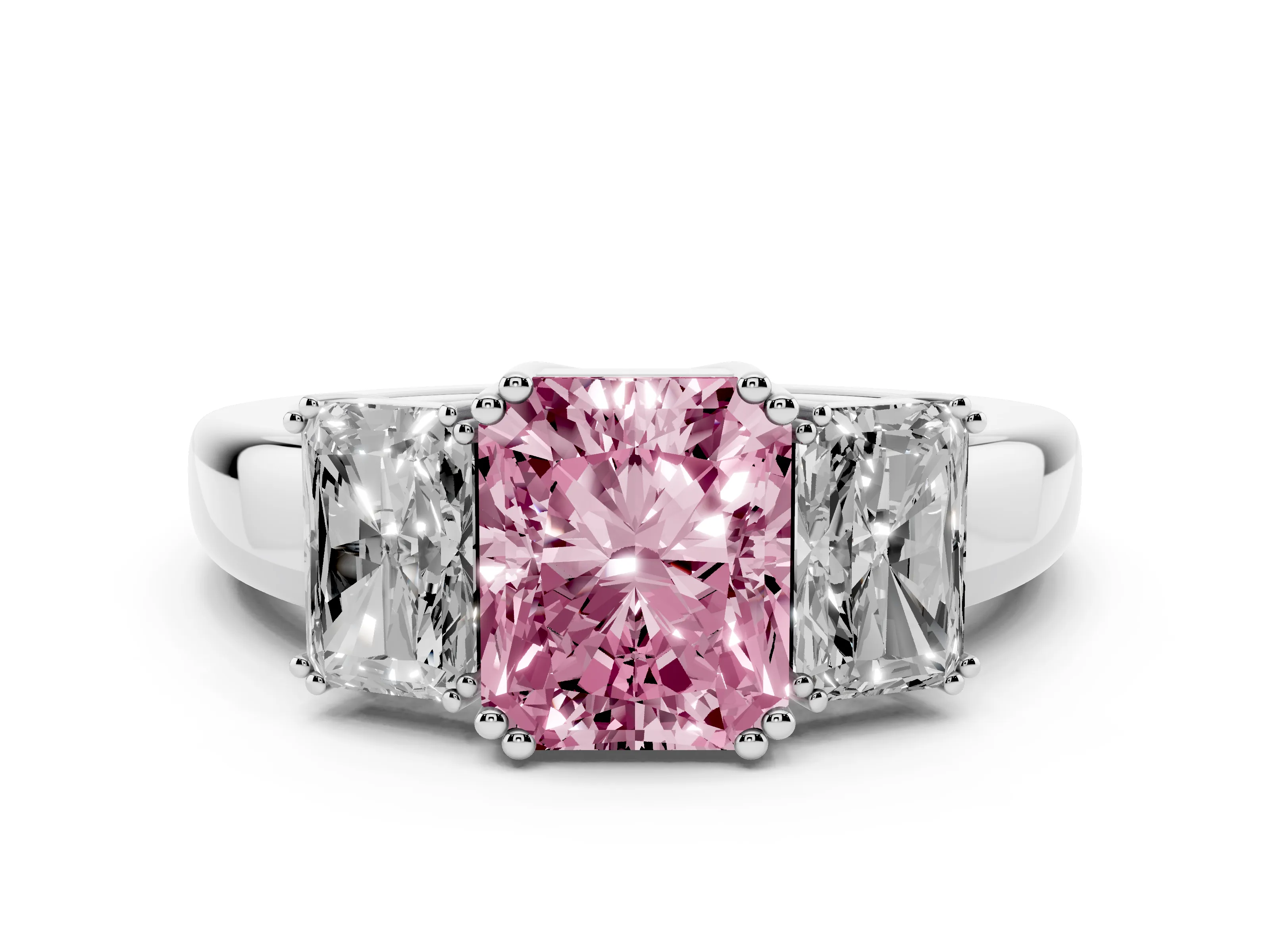 Fancy Pink Radiant Cut Diamond Three-Stone Ring Set in White gold with Polished Channel-Set Band