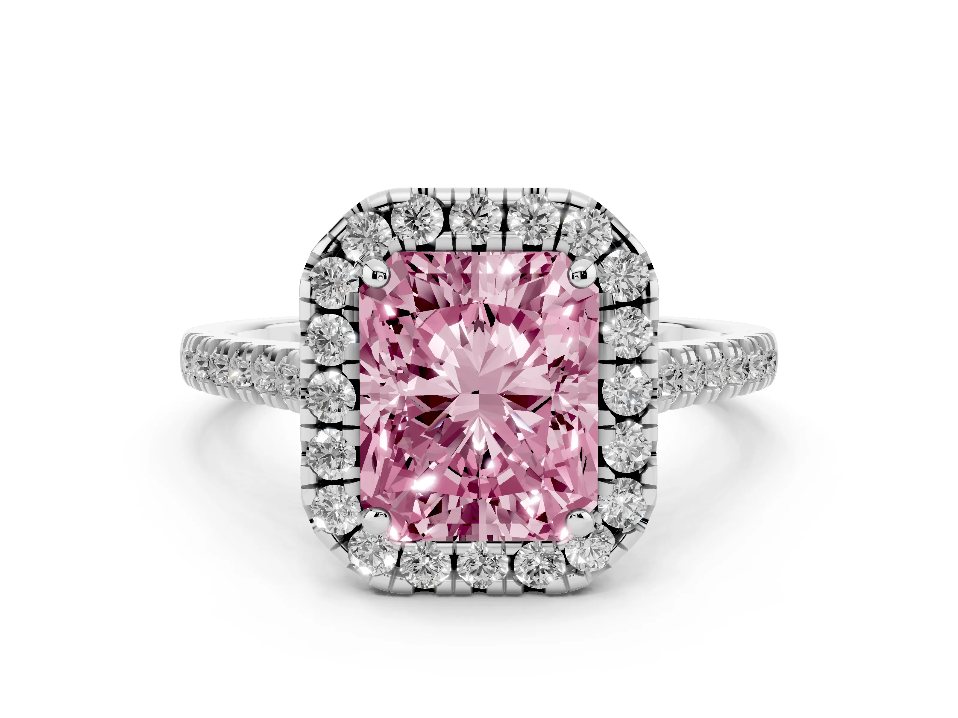 Fancy Pink Radiant Cut Diamond Cushion Halo Ring Set in White gold with Pavé Band