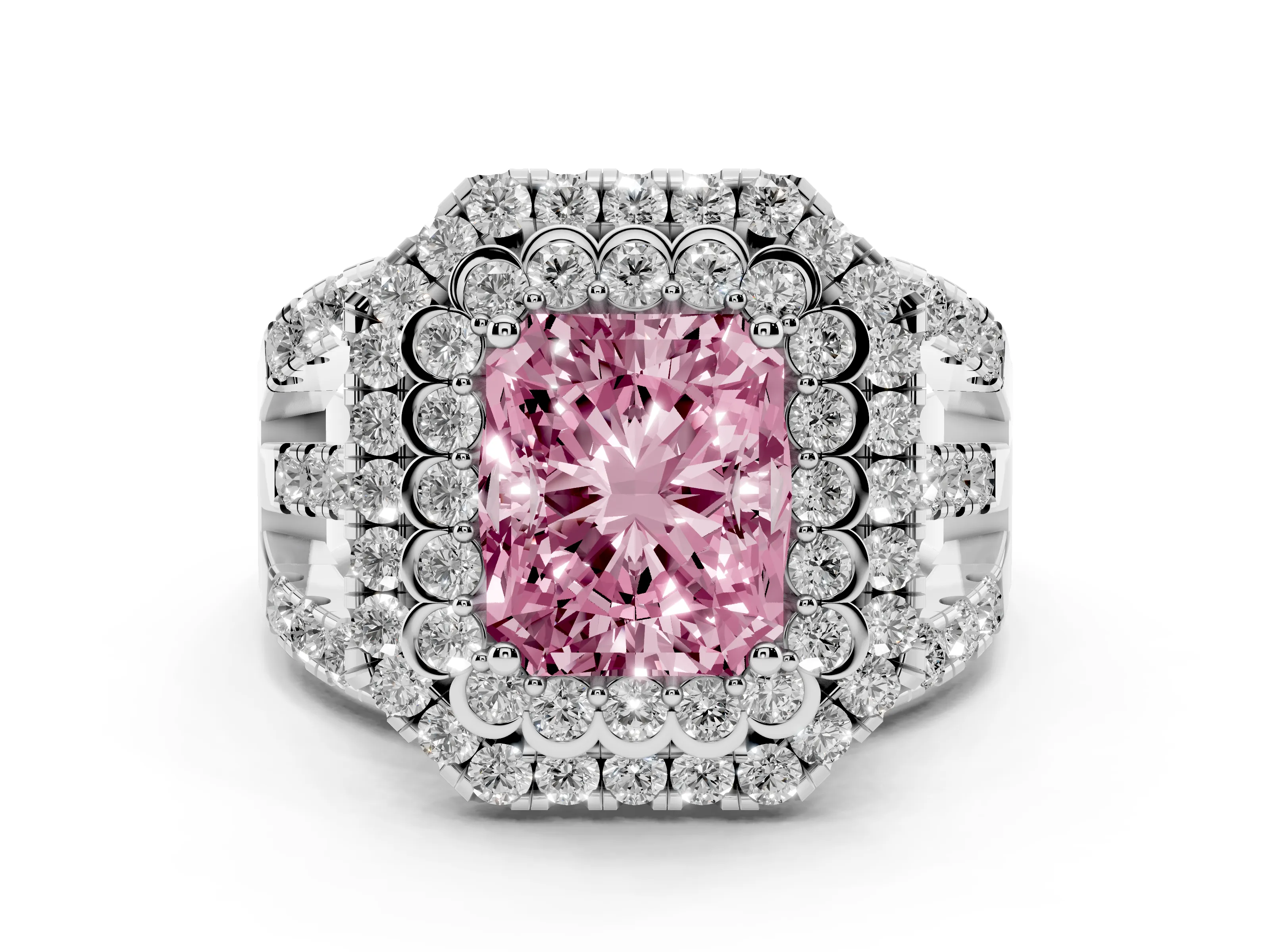 Fancy Pink Radiant Cut Diamond Double Halo Ring Set in White gold with Round Pavé Split Shank