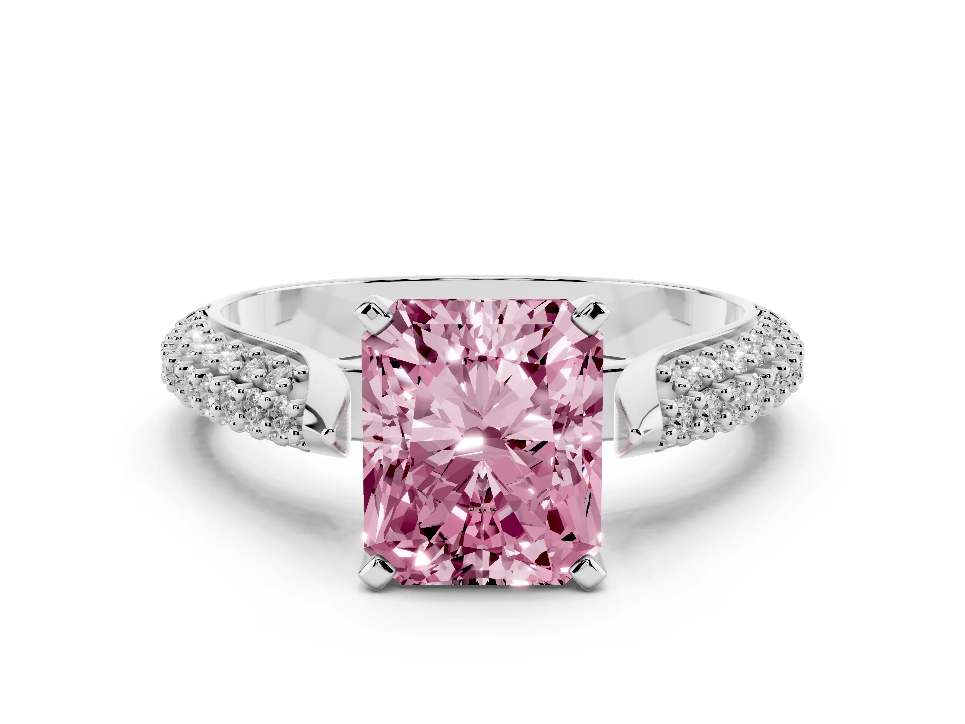 Fancy Pink Radiant Cut Diamond Solitaire Engagement Ring Set in Platinum with Multi-Row Round Pavé Band and Prong Setting