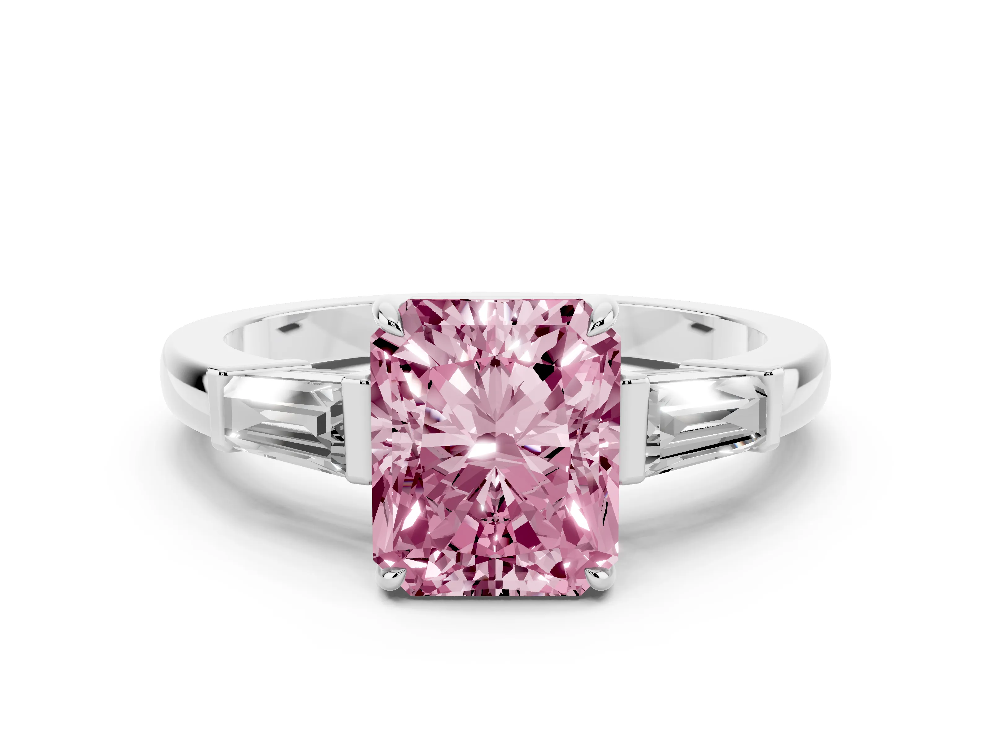 Fancy Pink Radiant Cut Diamond Three-Stone Ring Set in Platinum with Tapered Baguette Side Stones and Prong Setting