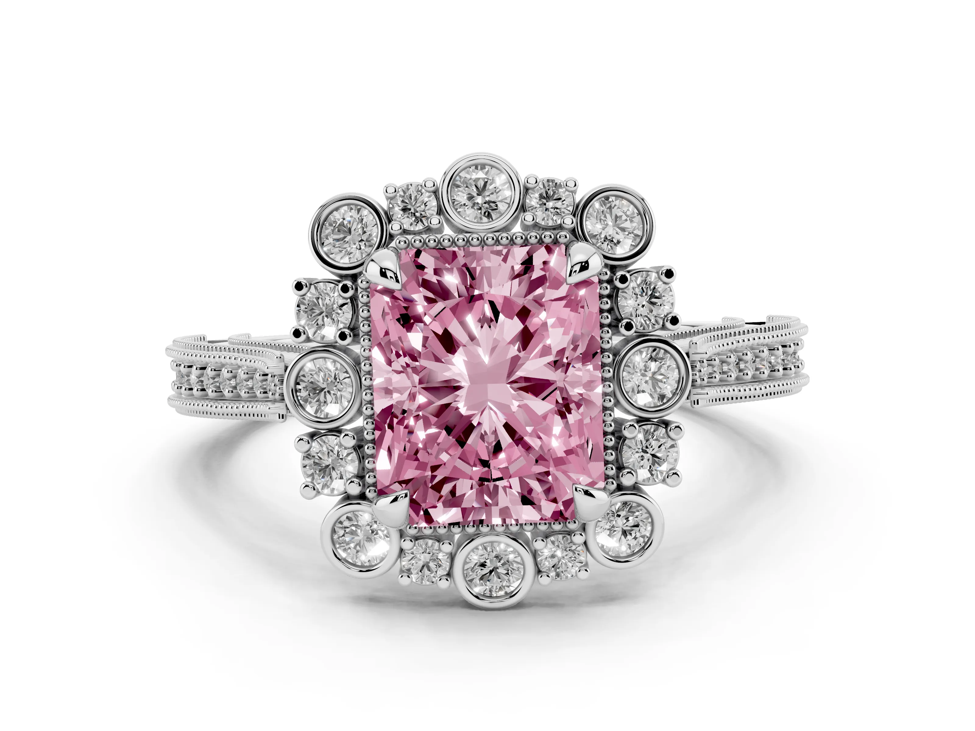 Fancy Pink Radiant Cut Diamond Halo Milgrain Pavé Ring Set in Platinum with Prong Setting