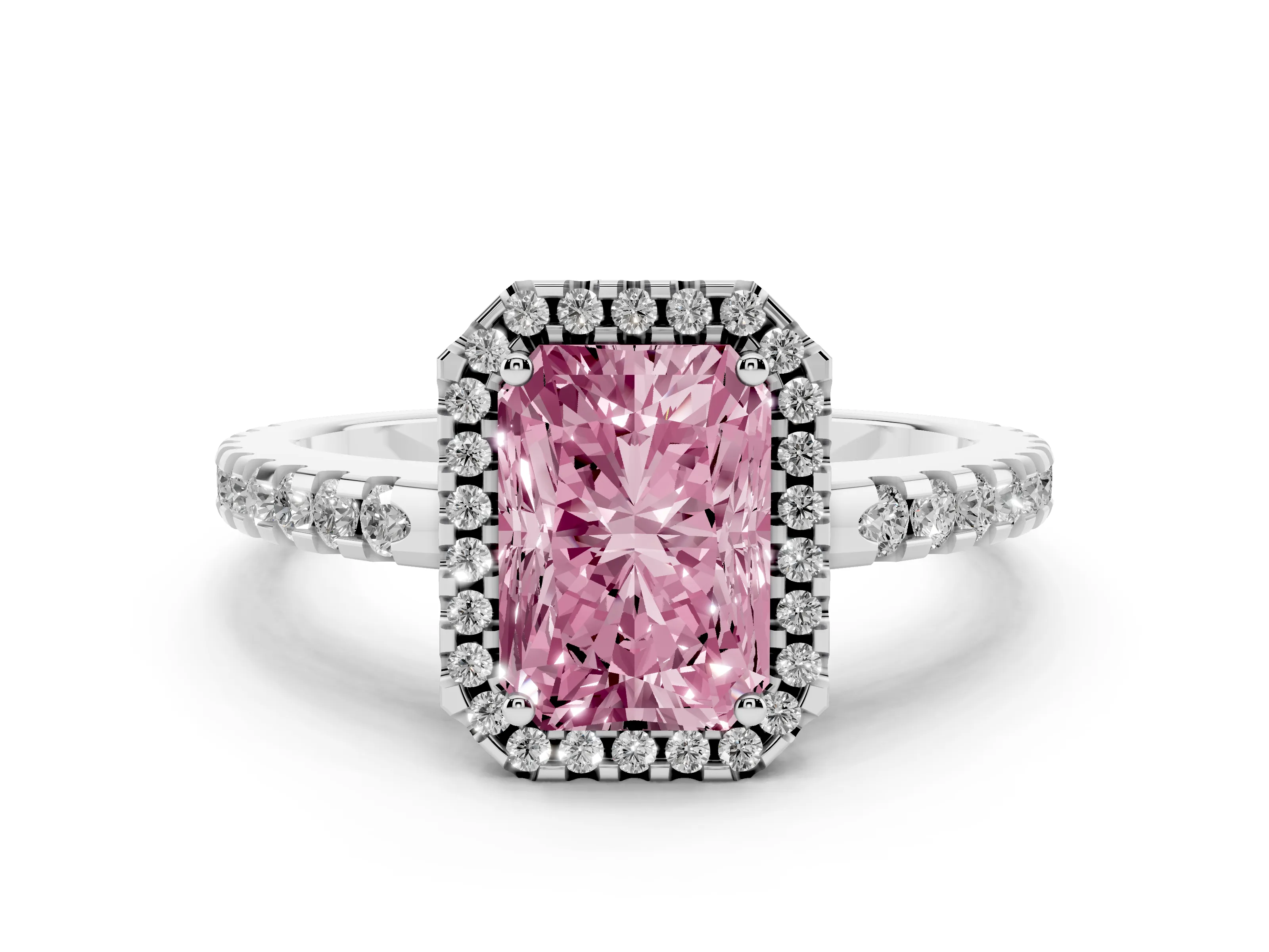 Fancy Pink Radiant Cut Diamond Halo Ring Set in Platinum with Pavé Shoulders and Halo-Framed Center