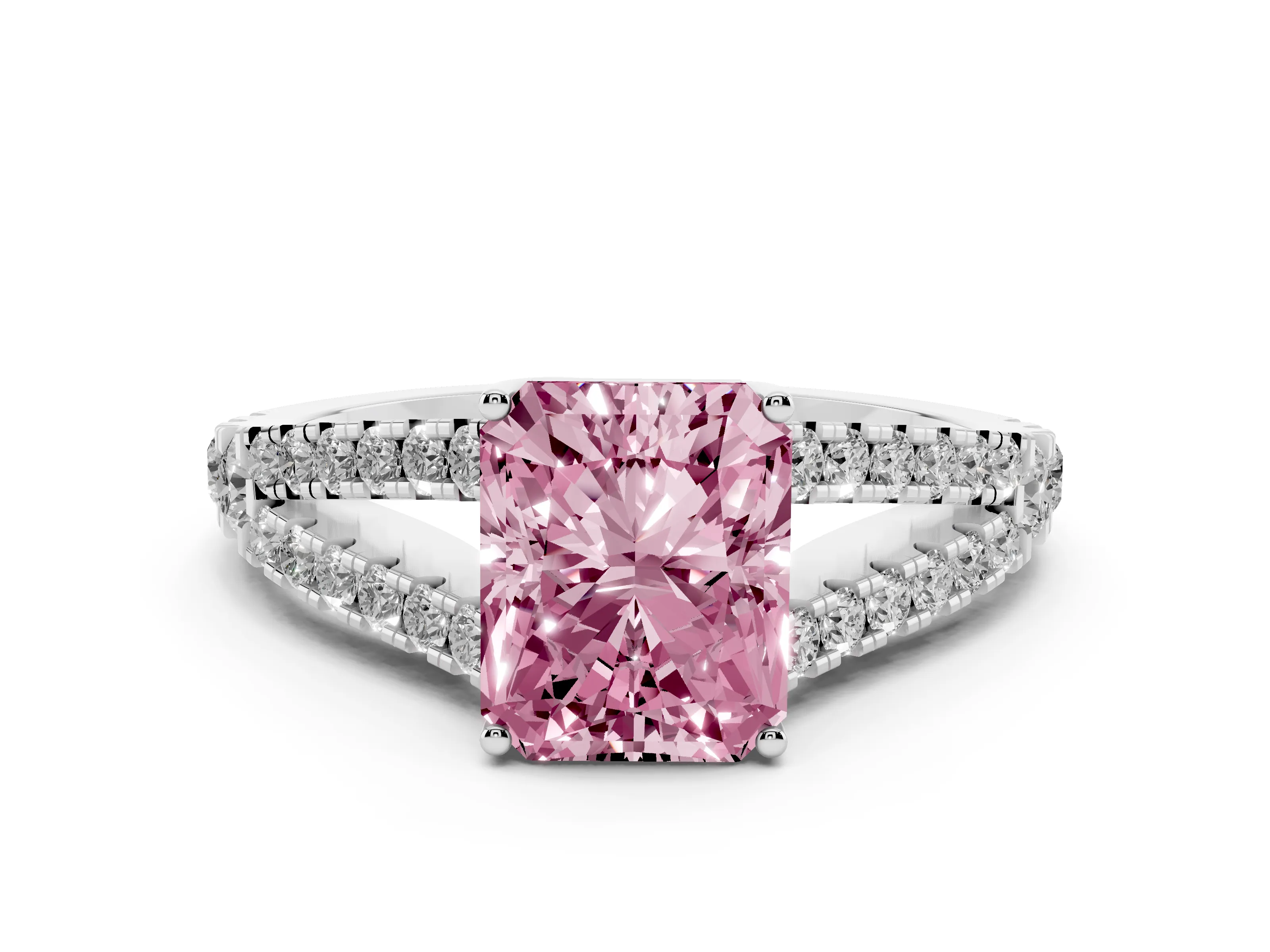 Fancy Pink Radiant Cut Diamond Split Shank Pavé Engagement Ring Set in Platinum with Prong-Held Center Stone