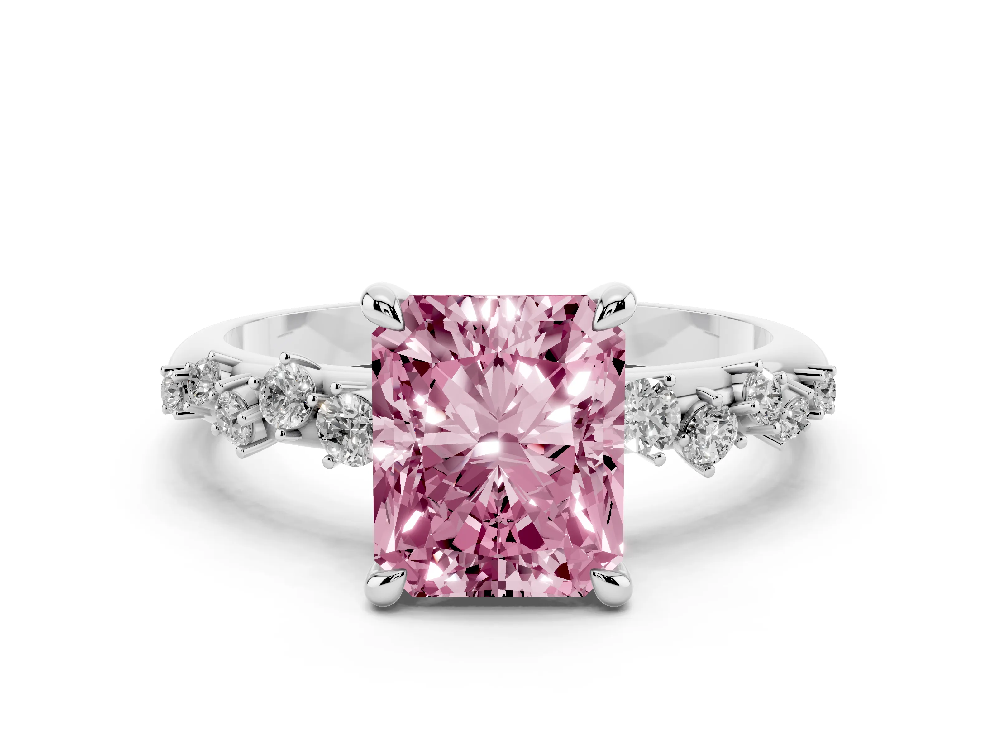 Fancy Pink Radiant Cut Diamond Solitaire Vine Band Ring Set in Silver with Round Accents and Prong Setting