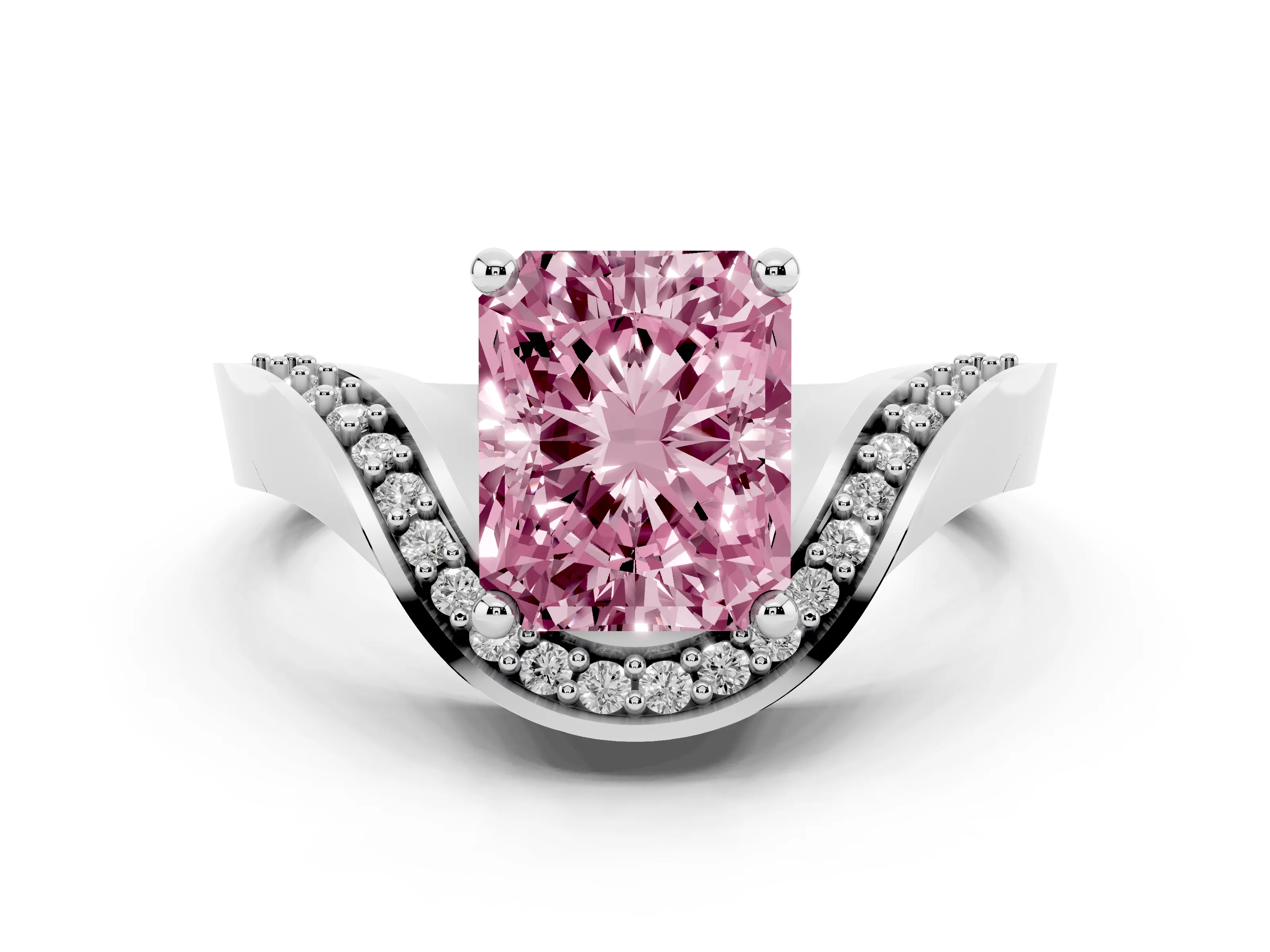 Fancy Pink Radiant Cut Diamond Solitaire Engagement Ring Set in Silver with Pavé Shoulders