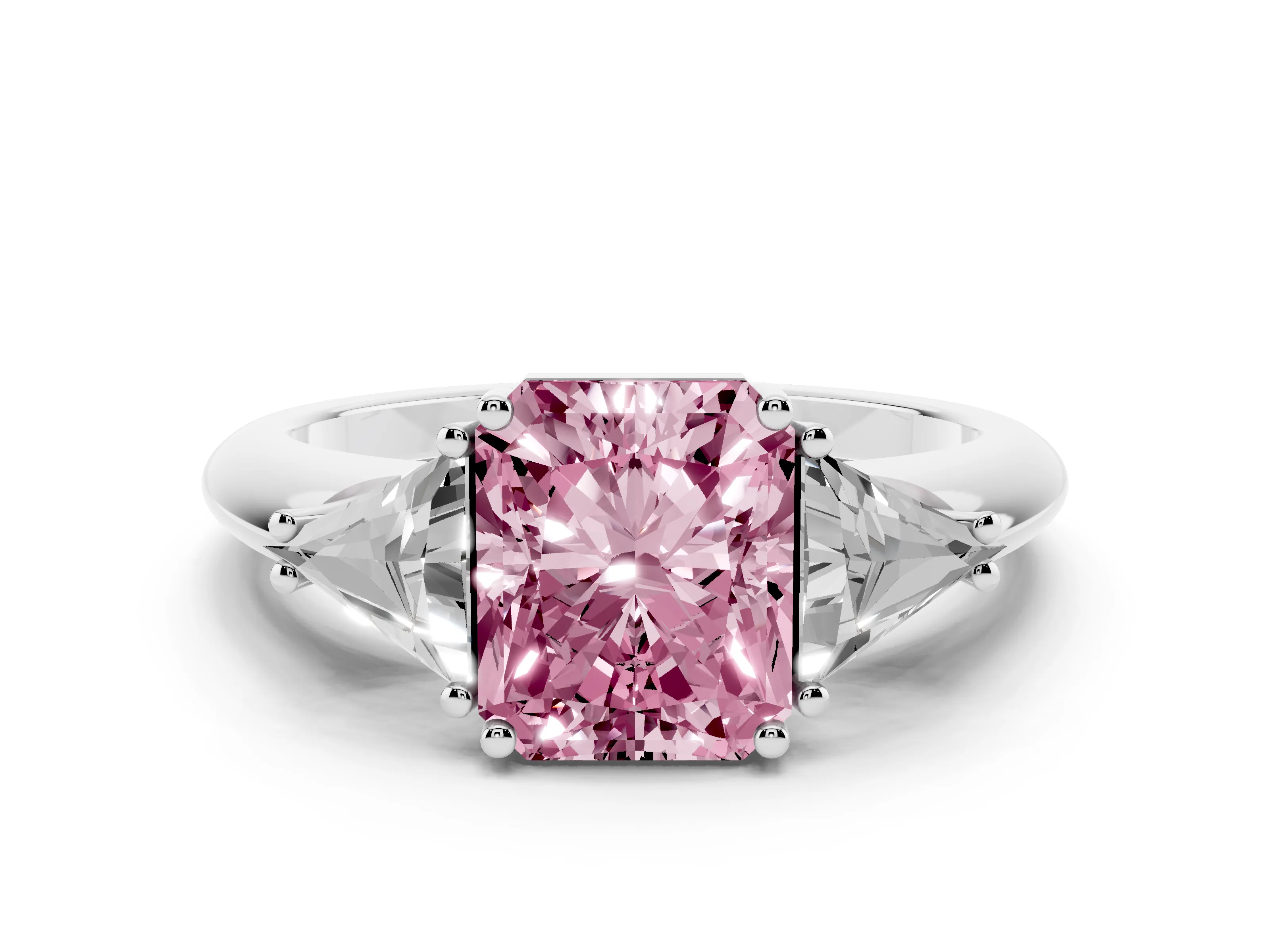 Fancy Pink Radiant Cut Diamond Three-Stone Engagement Ring Set in Platinum with Trillion Side Stones