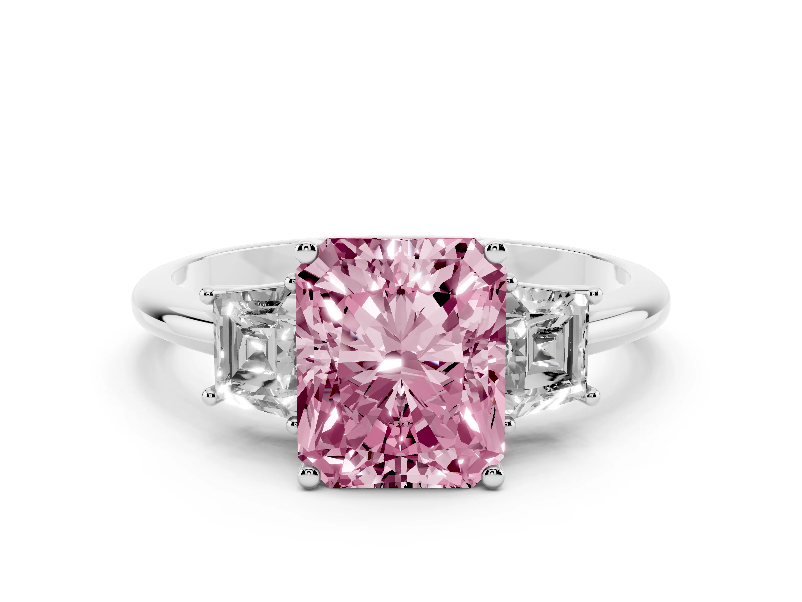 Fancy Pink Radiant Cut Diamond Three-Stone Ring Set in Silver with Trapezoid Side Stones and Prong Setting