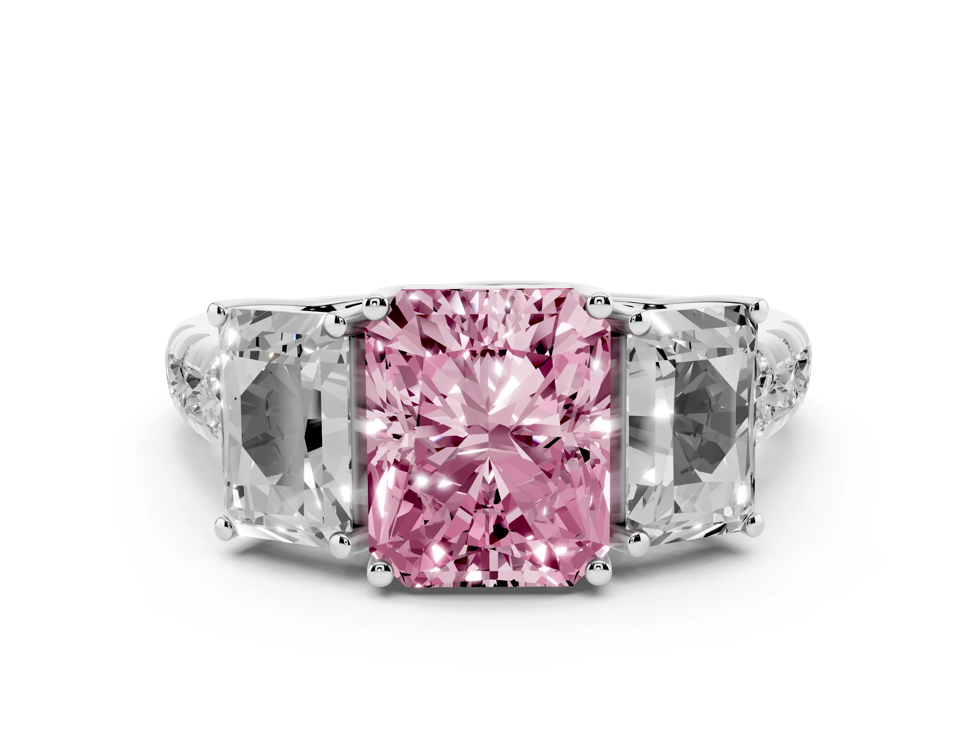 Fancy Pink Radiant Cut Diamond Three-Stone Ring Set in Platinum with Pavé Band