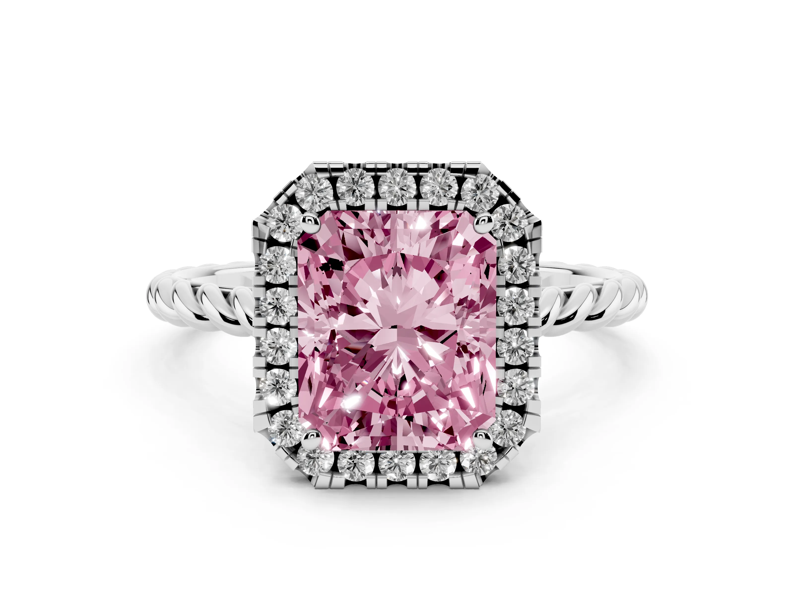 Fancy Pink Radiant Cut Diamond Halo Ring Set in Platinum with Plain Twisted Band
