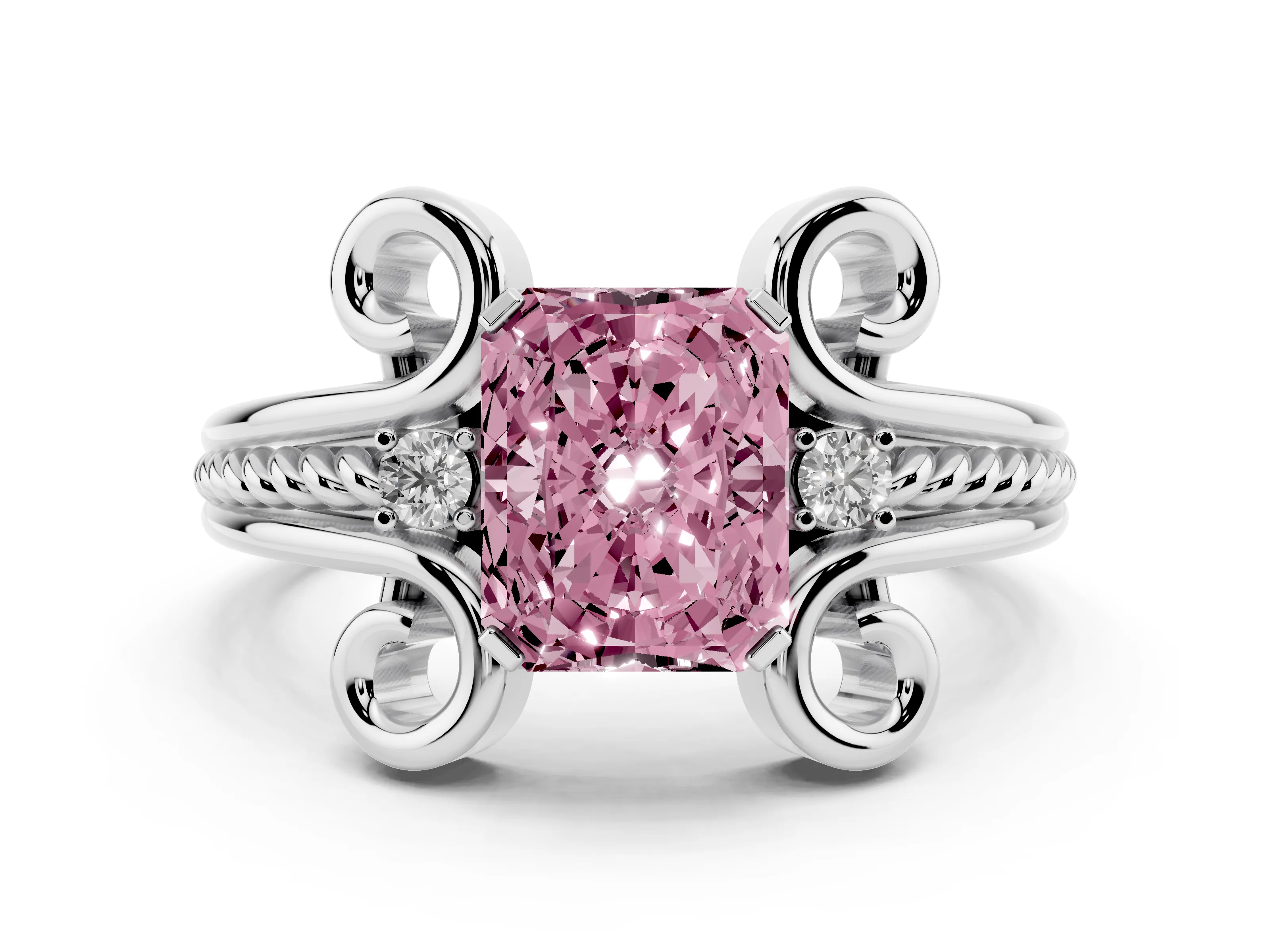 Fancy Pink Radiant Cut Diamond Twisted Band Solitaire Ring Set in Platinum with Scroll Prongs