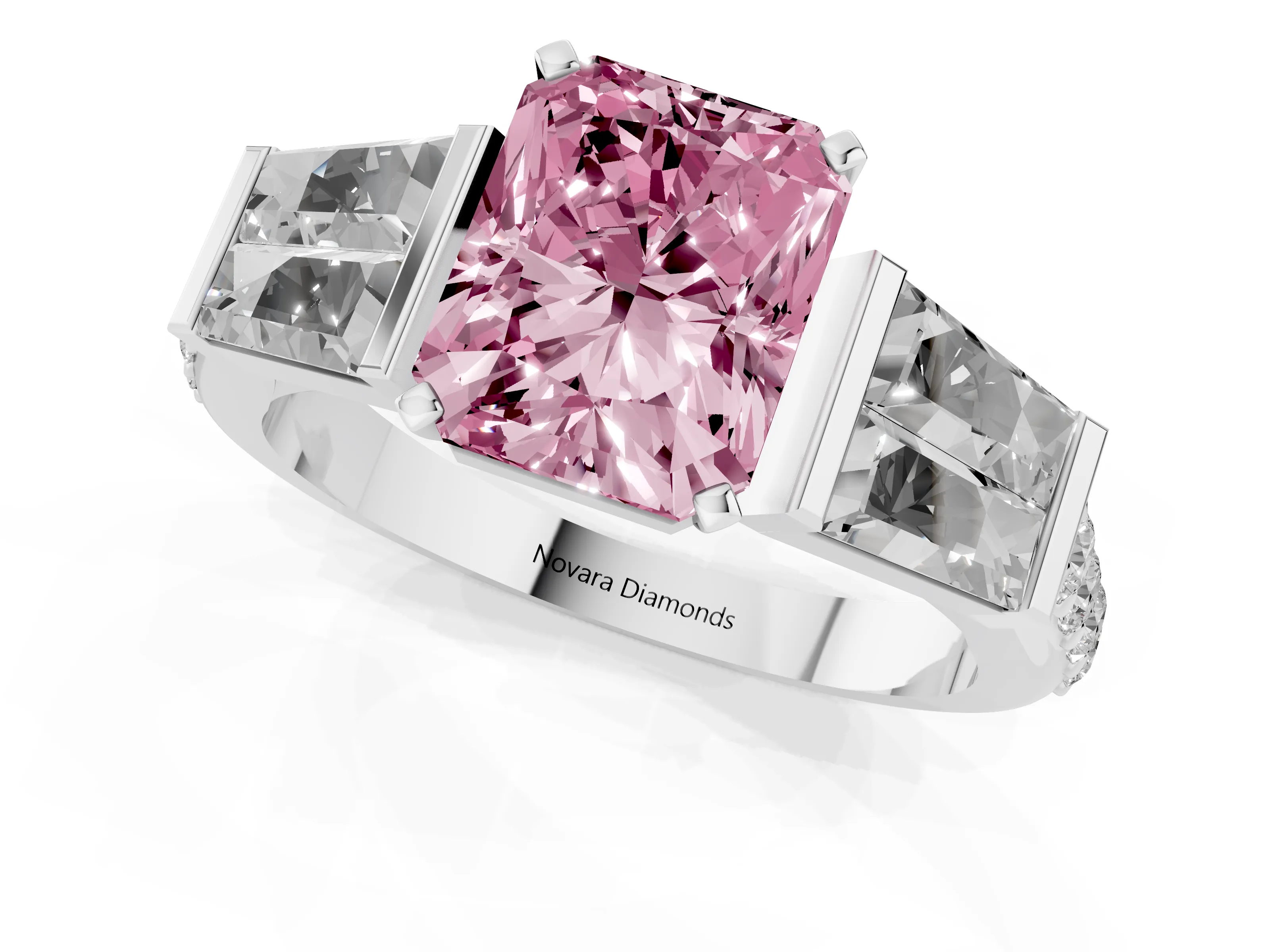 Fancy Pink Radiant Cut Diamond Engagement Ring Set in Silver with Baguette Side Stones and Channel Set Band