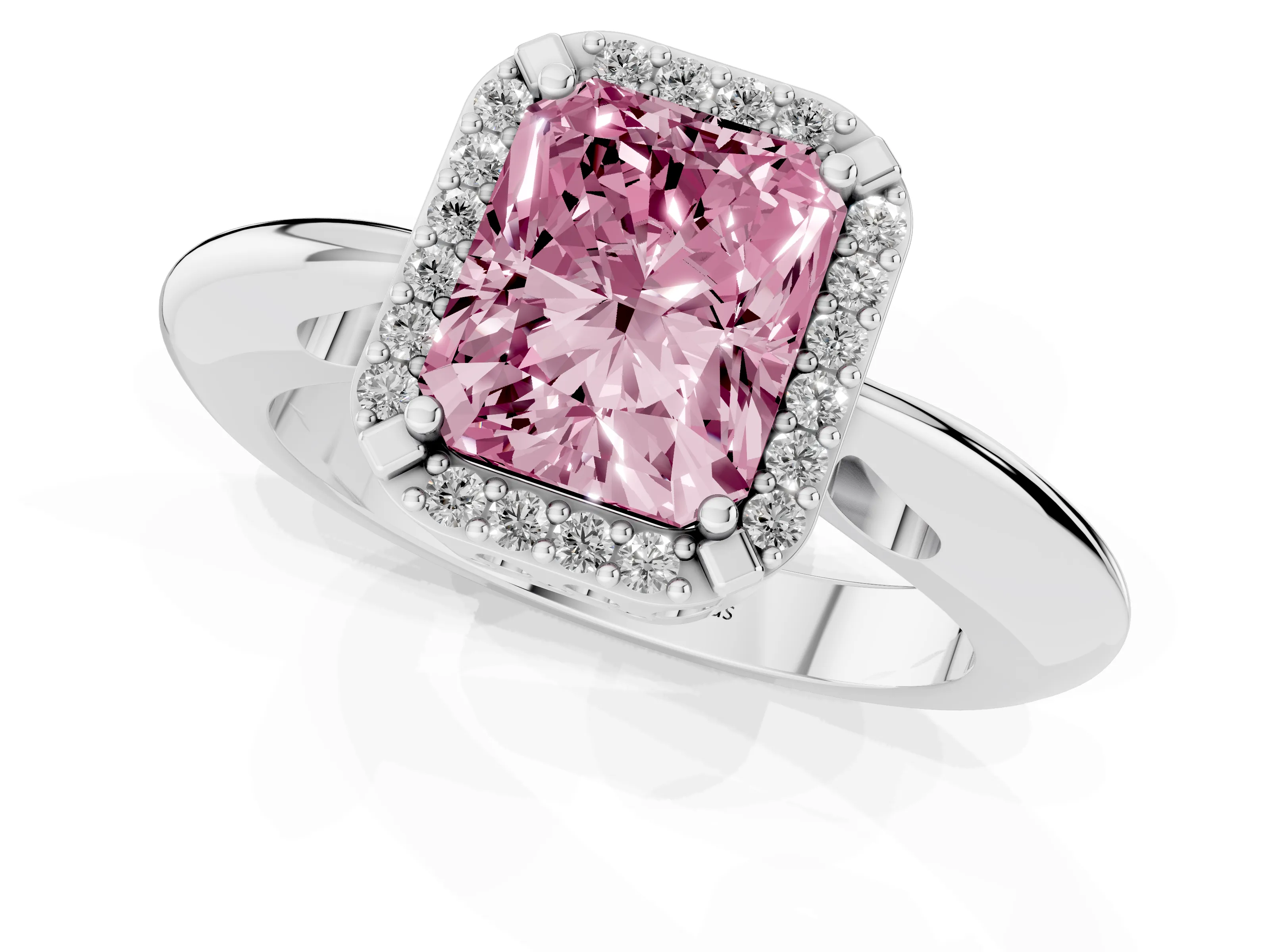 Fancy Pink Radiant Cut Diamond Halo Engagement Ring Set in Platinum with Plain Split Shank and Prong Setting