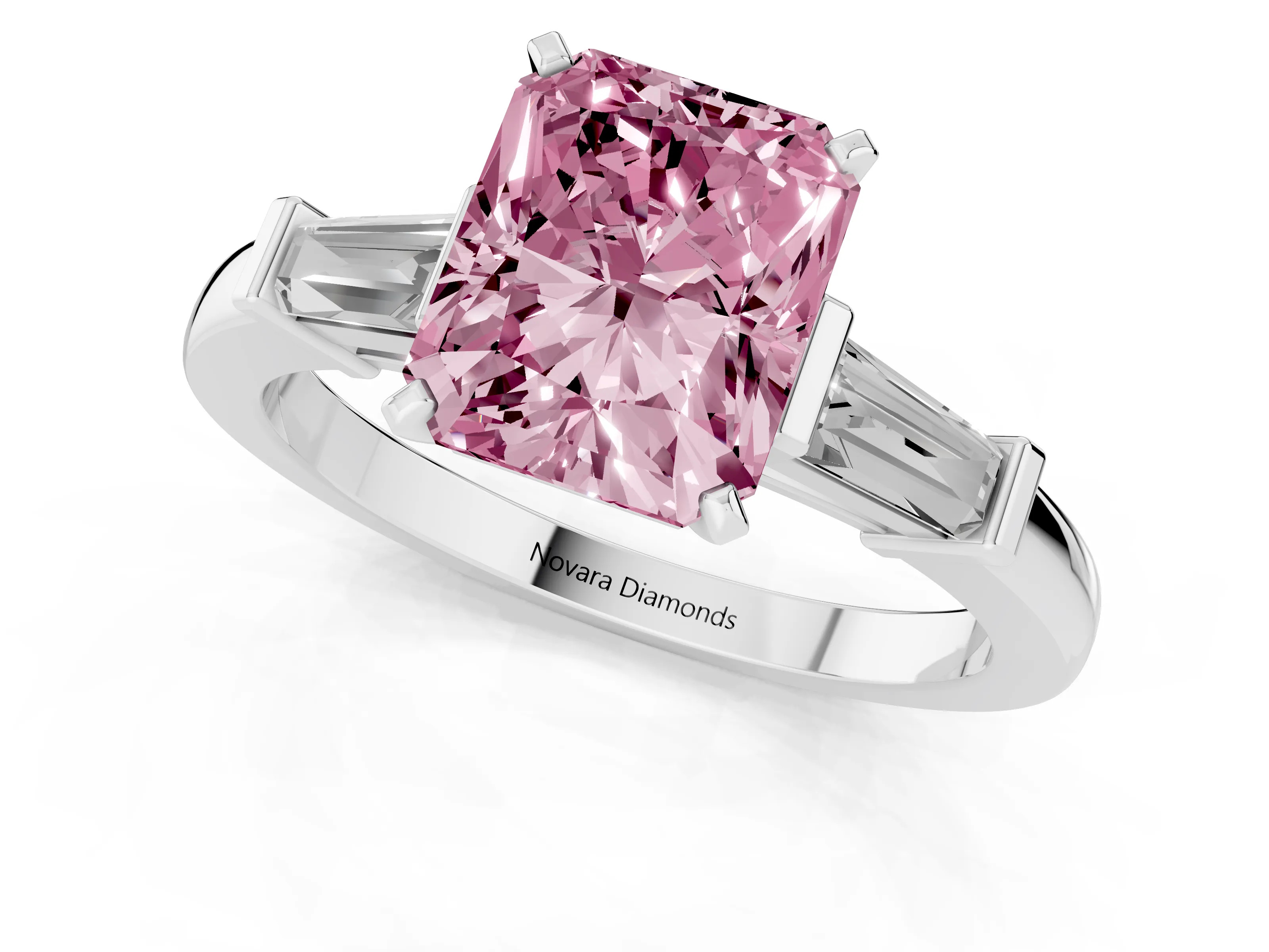 Fancy Pink Radiant Cut Diamond Solitaire Ring Set in Platinum with Tapered Baguette Accents and Prong Setting