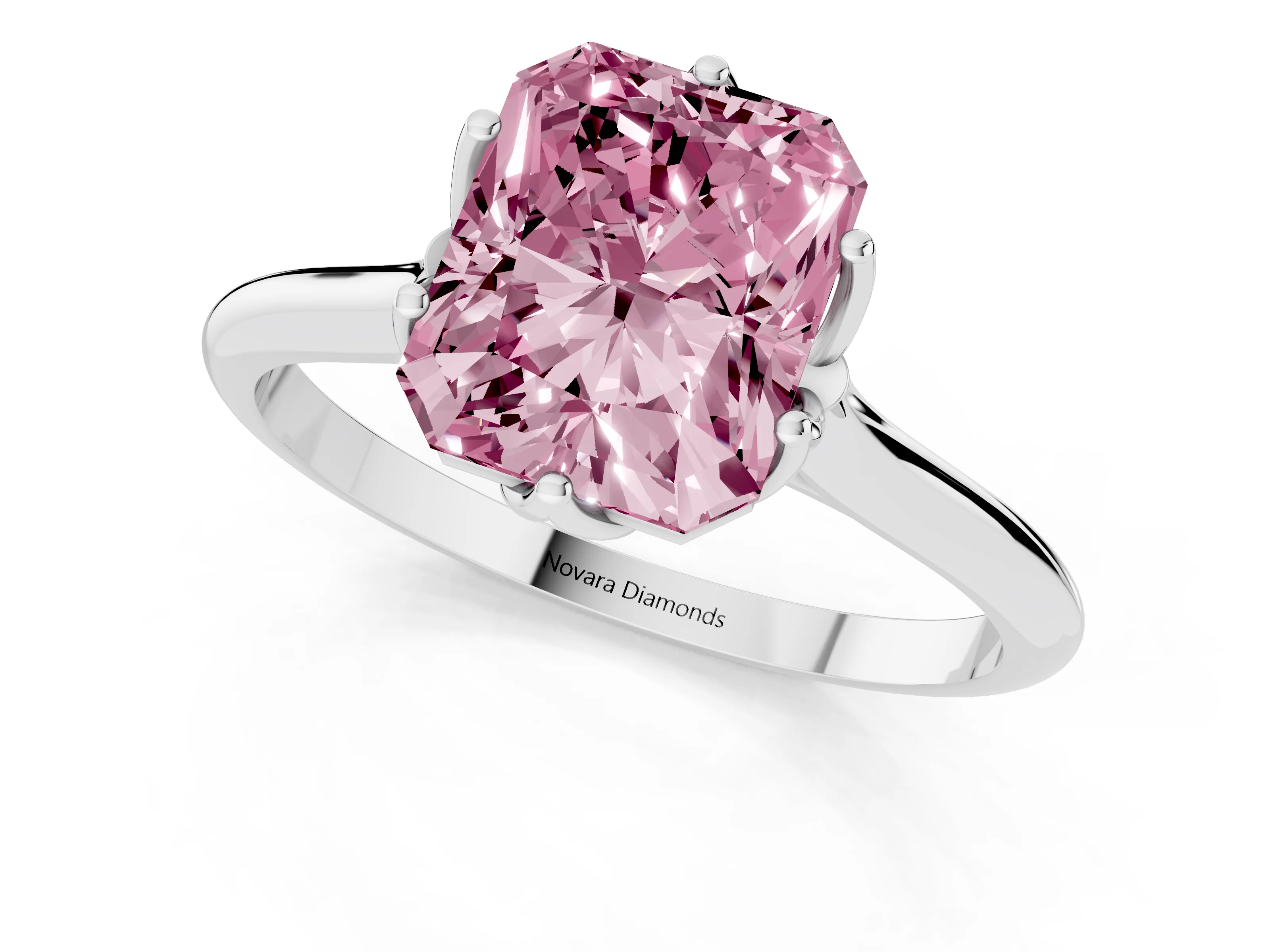 Fancy Pink Radiant Cut Diamond Solitaire Cathedral Ring Set in Silver with Prong Setting
