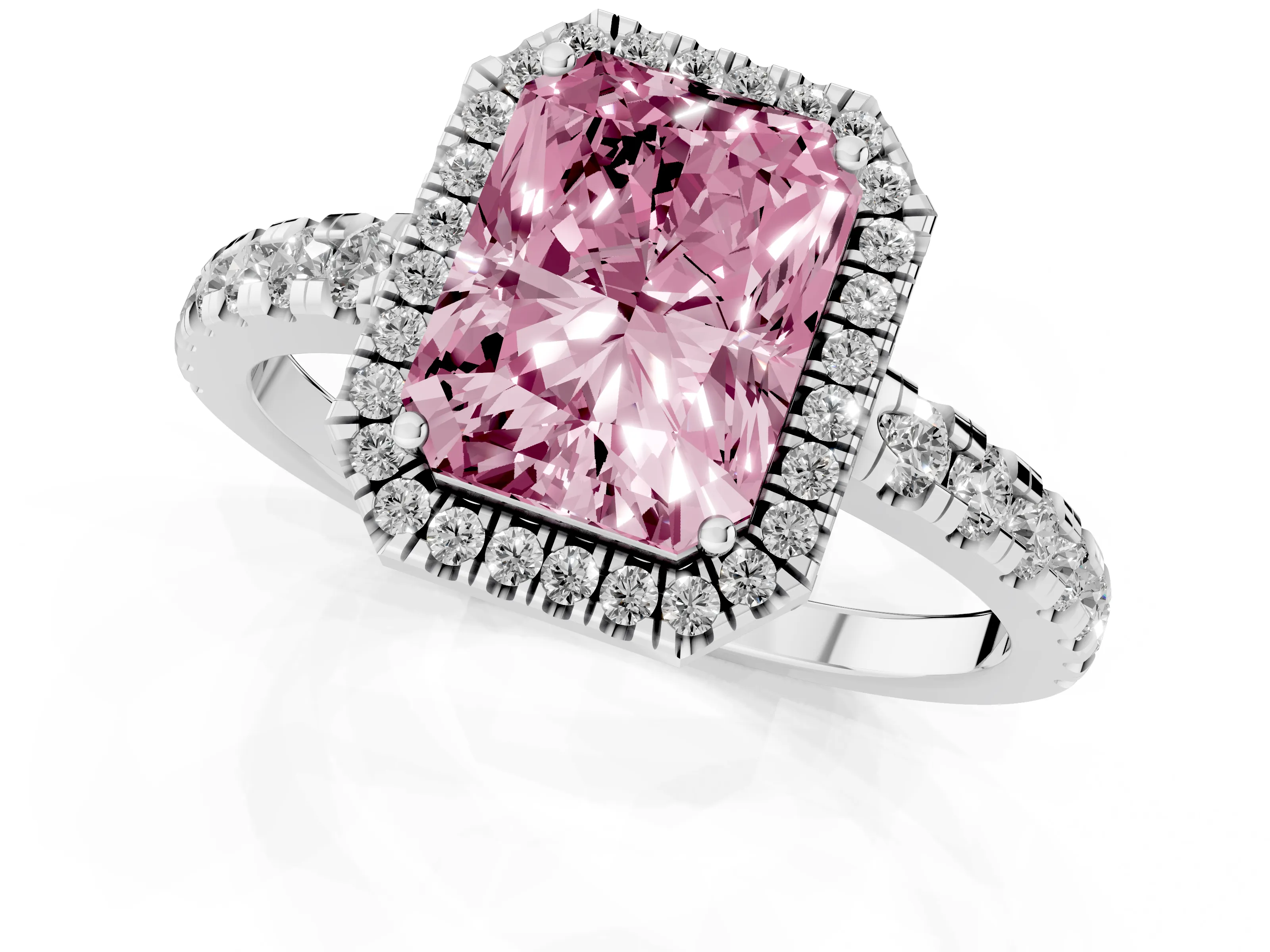 Fancy Pink Radiant Cut Diamond Halo Ring Set in Platinum with Delicate Pavé Band and Prong Setting