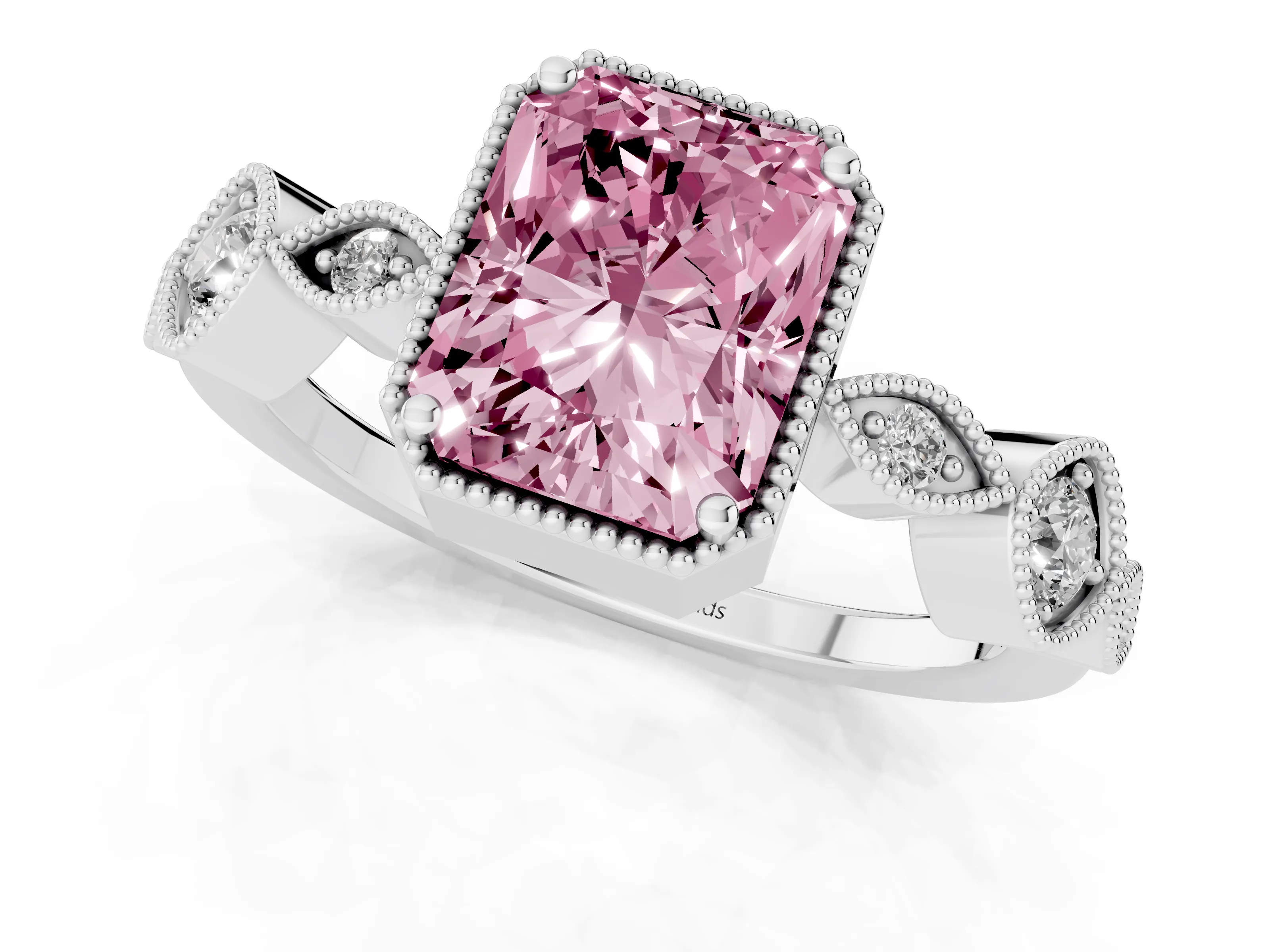 Fancy Pink Radiant Cut Diamond Vintage-Inspired Milgrain Ring Set in Platinum with Marquise Stations of Round Accents