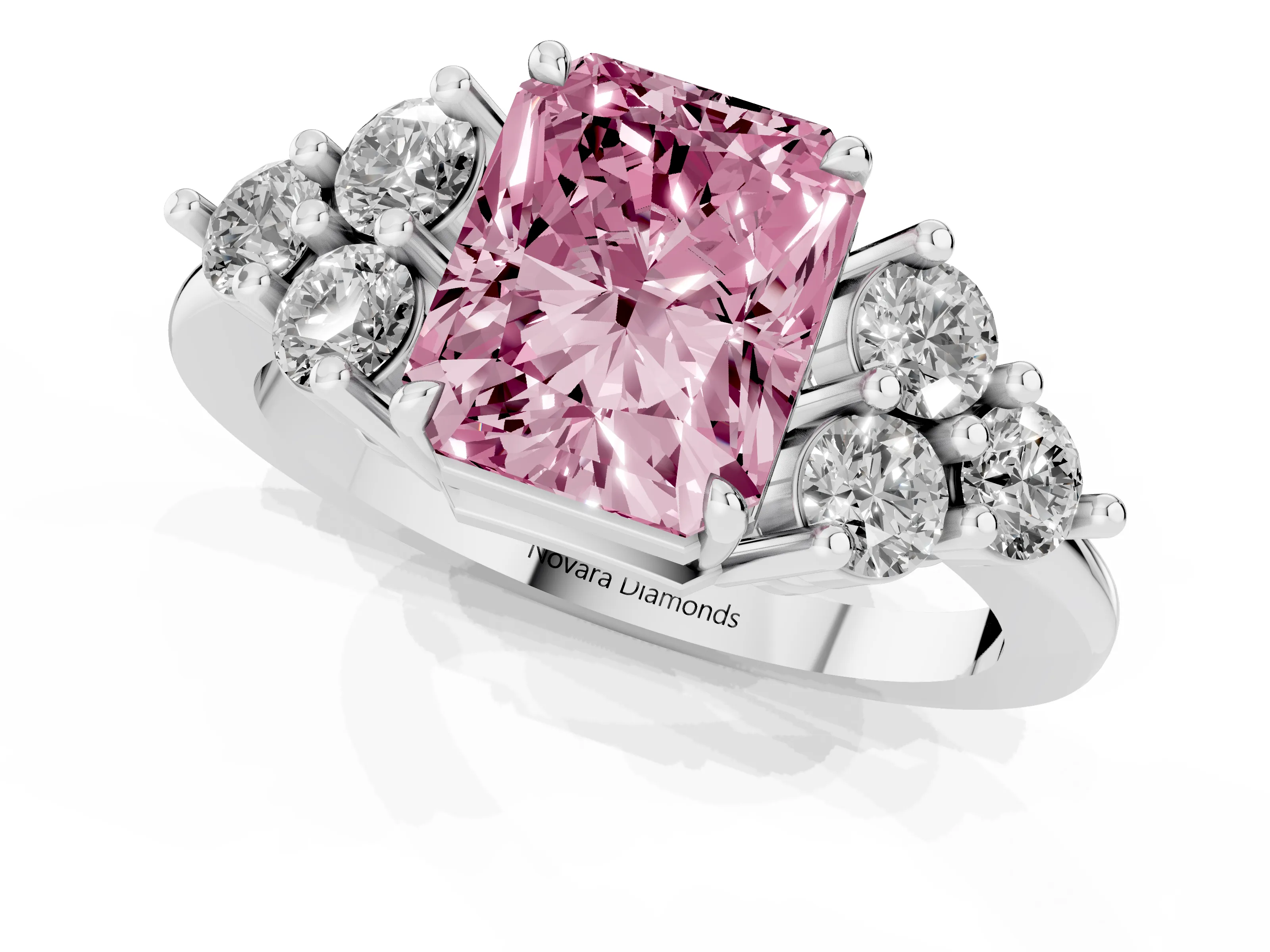 Fancy Pink Radiant Cut Diamond Solitaire Ring Set in White gold with Cluster Accents on Each Side