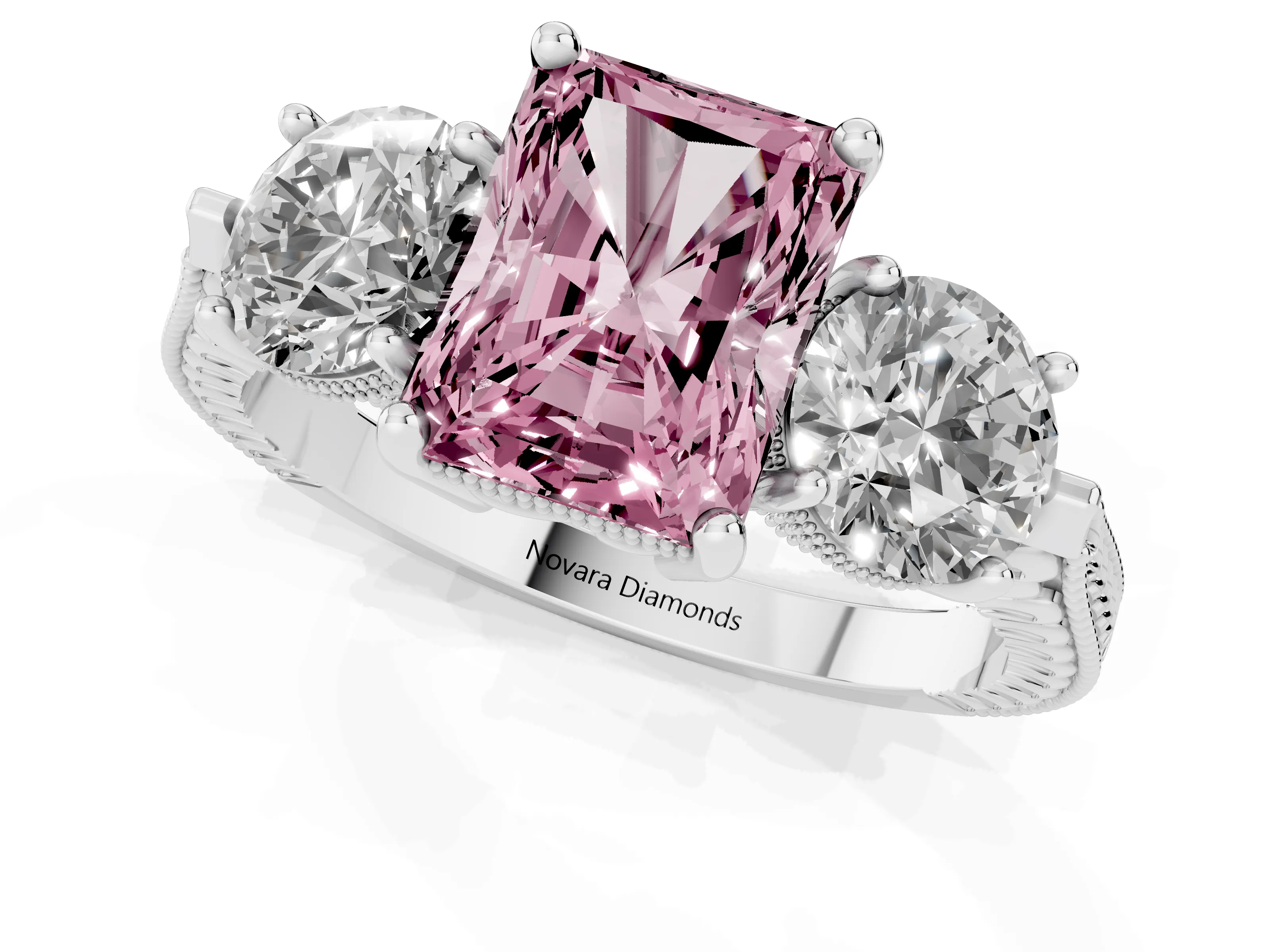 Fancy Pink Radiant Cut Diamond Three-Stone Ring Set in Silver with Milgrain Band