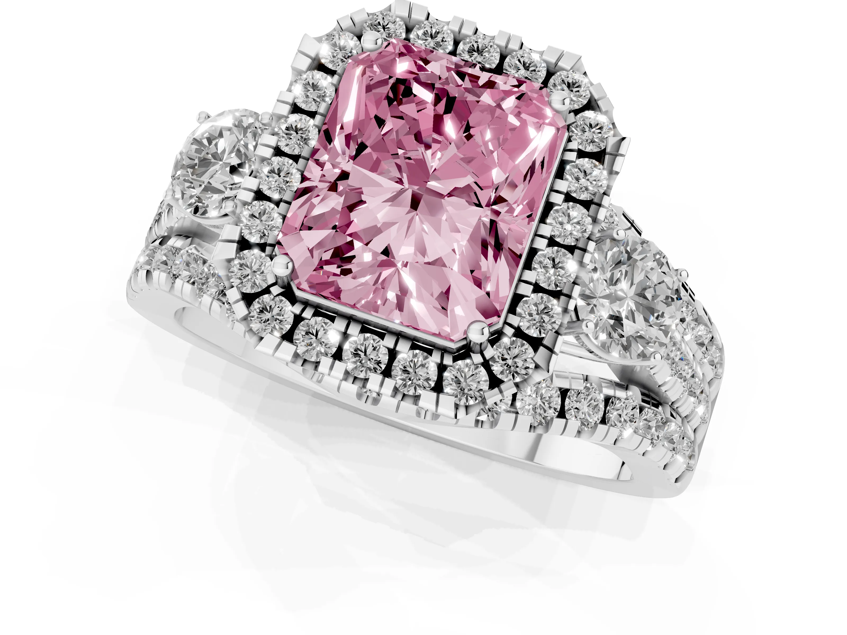 Fancy Pink Radiant Cut Diamond Halo Split Shank Ring Set in Silver with Round Accent Stones and Prong Setting