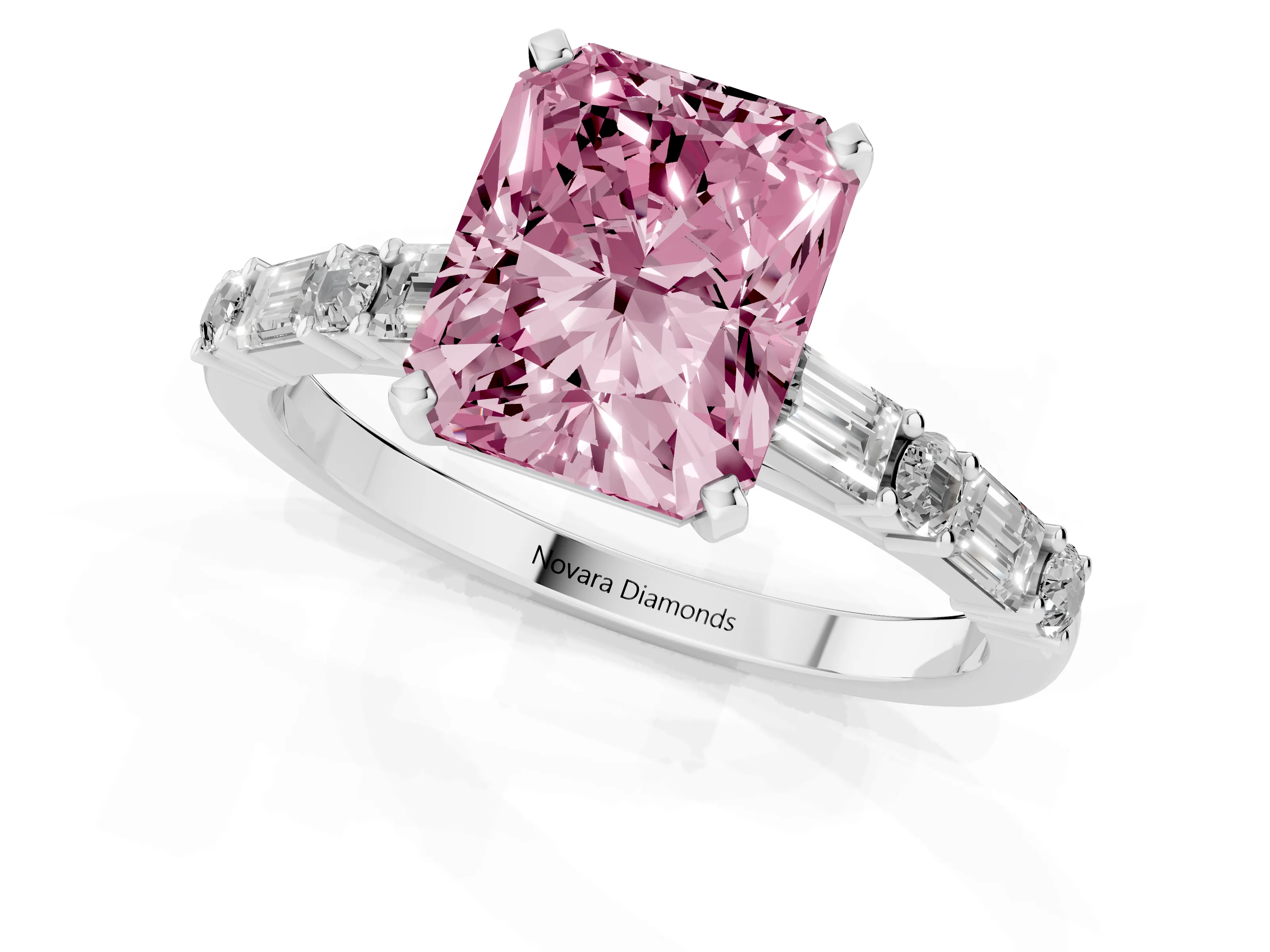 Fancy Pink Radiant Cut Diamond Solitaire Set in Platinum with Side Baguettes and Channel Set Band
