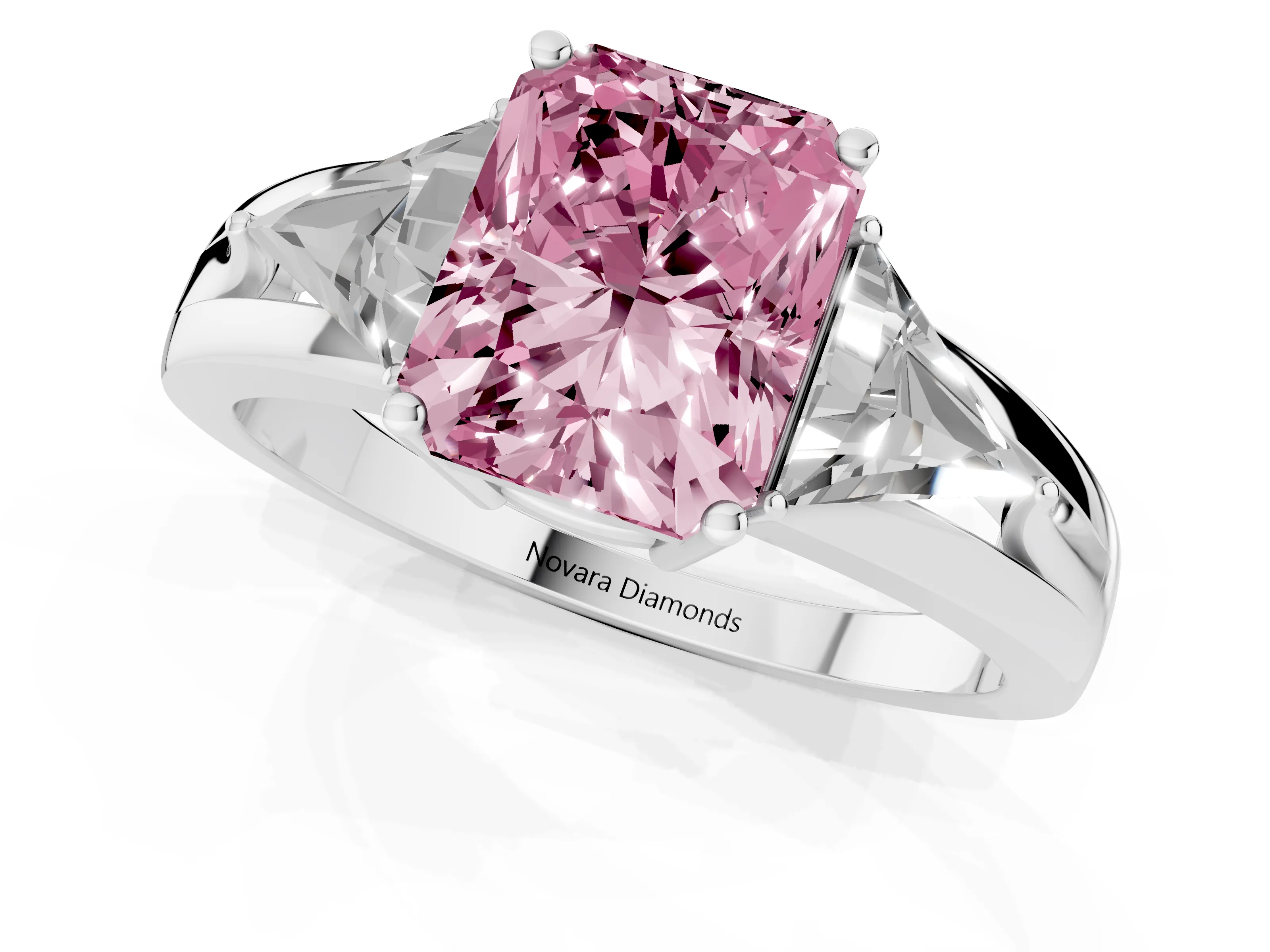 Fancy Pink Radiant Cut Diamond Three-Stone Ring Set in Silver with Trillion Side Stones and Split Shank