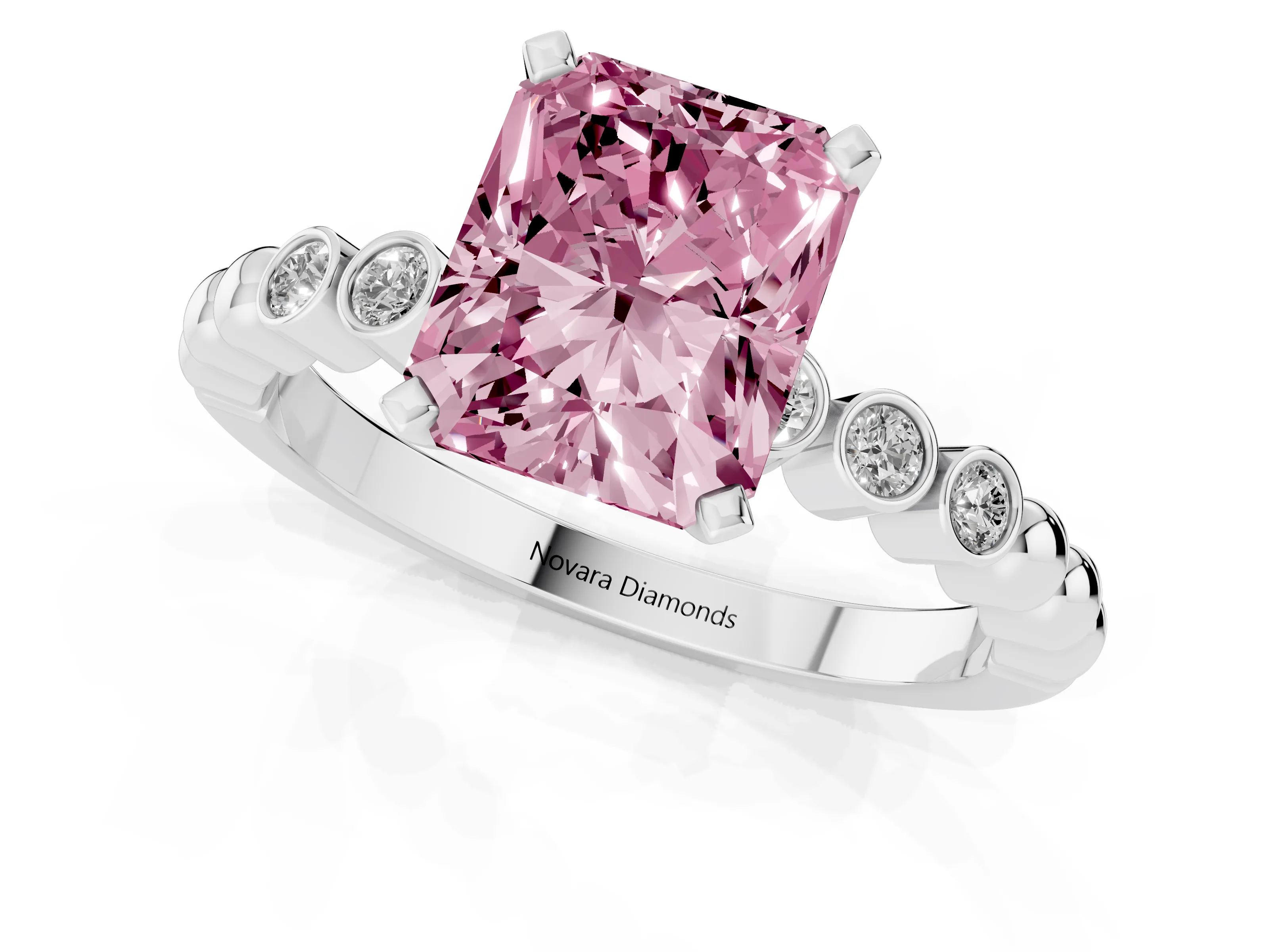 Fancy Pink Radiant Cut Diamond Solitaire Engagement Ring Set in White gold with Bezel Accents on Beaded Band