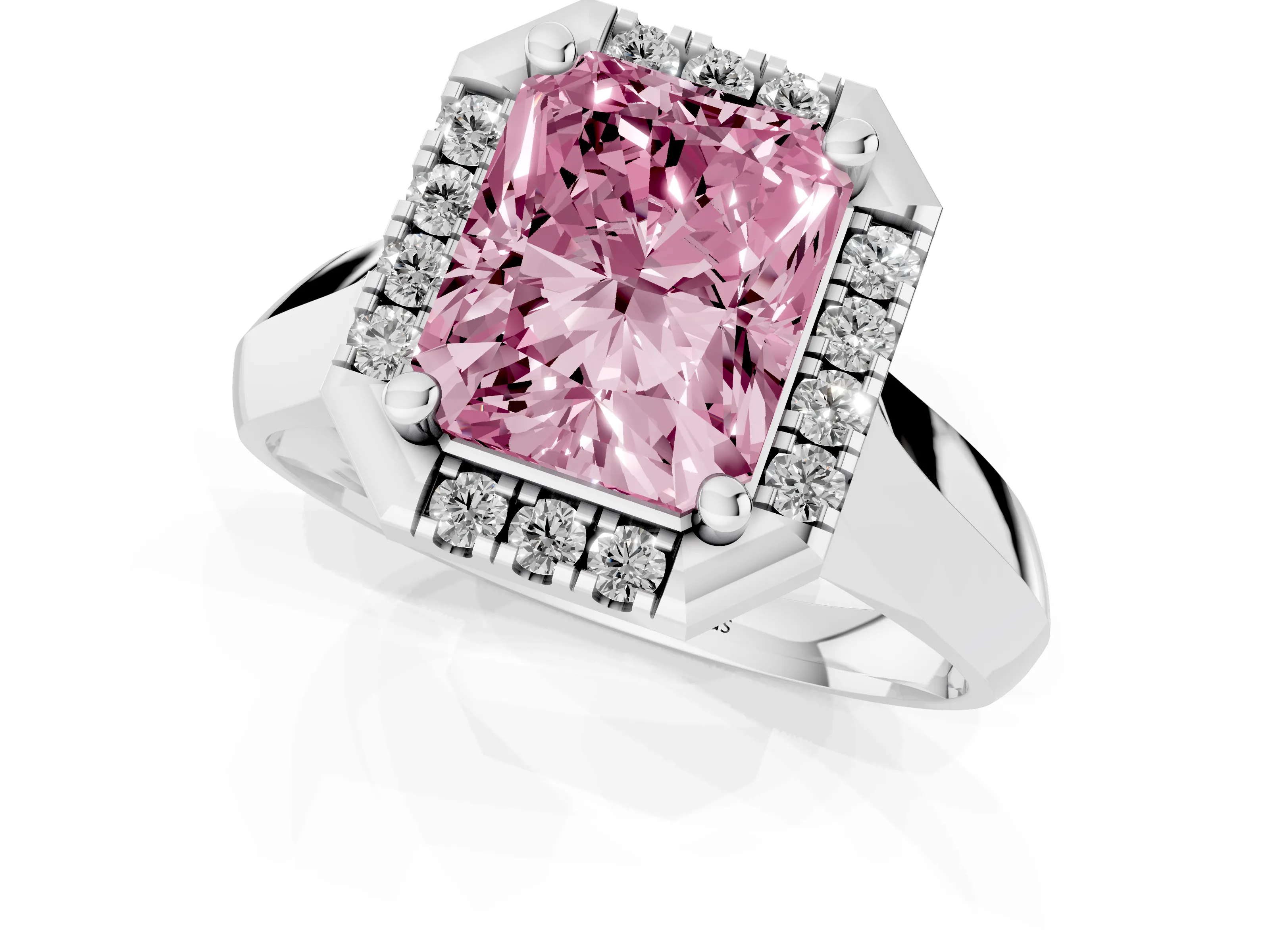 Fancy Pink Radiant Cut Diamond Halo Solitaire Engagement Ring Set in White gold with Square Band and Prong Setting