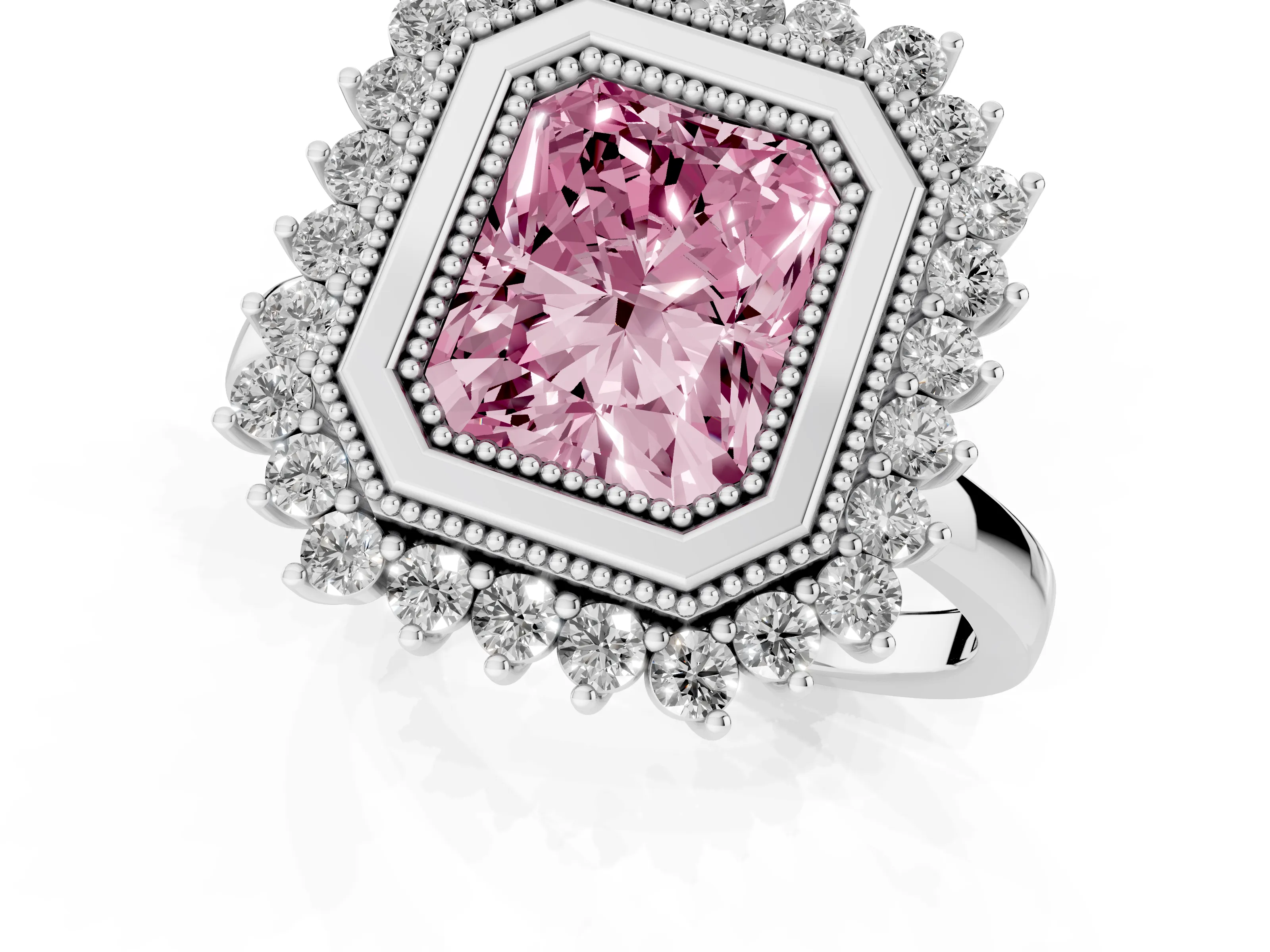 Fancy Pink Radiant Cut Diamond Halo Ring Set in White gold with Milgrain Edge and Round Prong Setting
