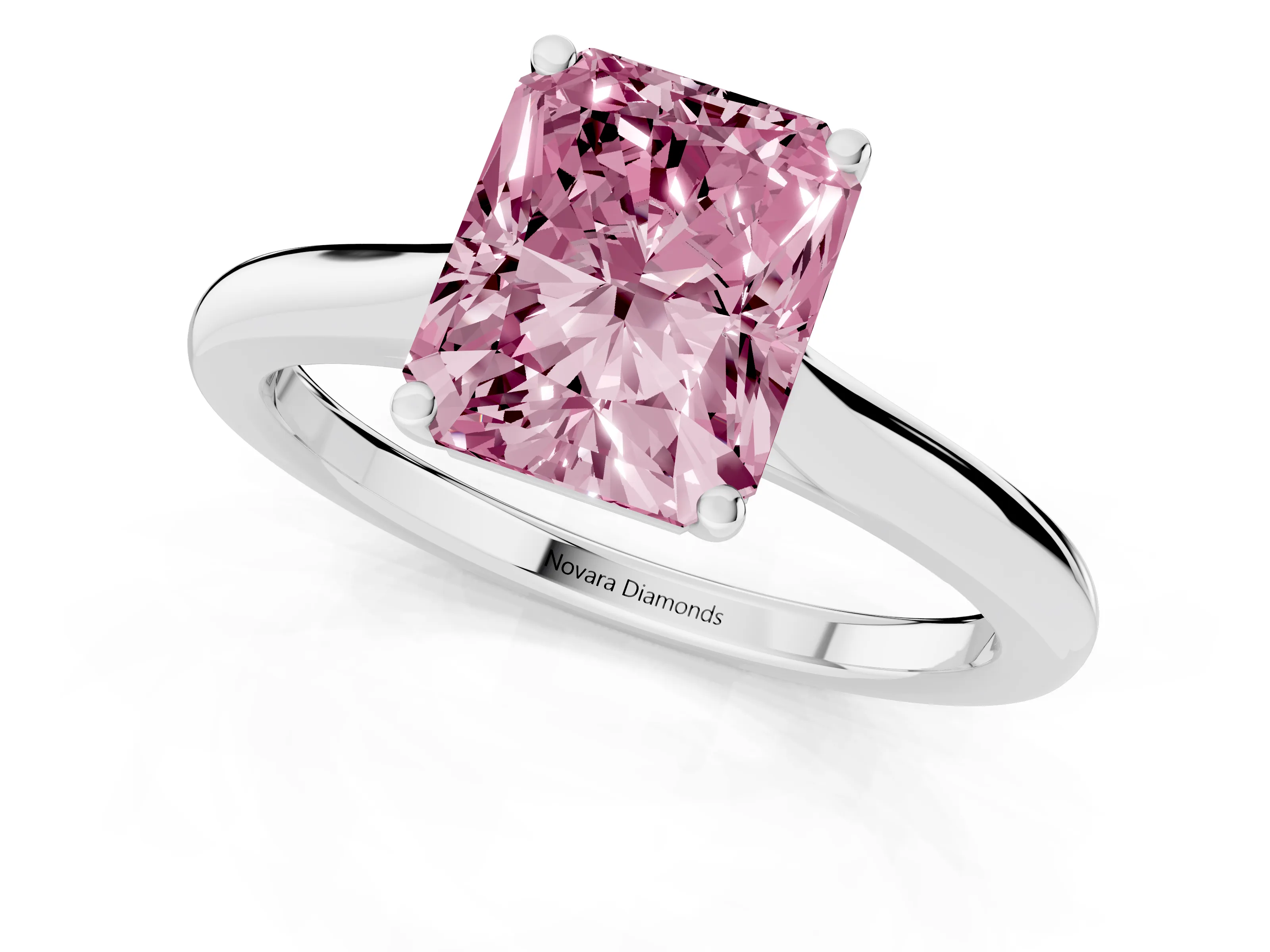 Fancy Pink Radiant Cut Diamond Solitaire Ring Set in Platinum with Cathedral Band and Prong Setting