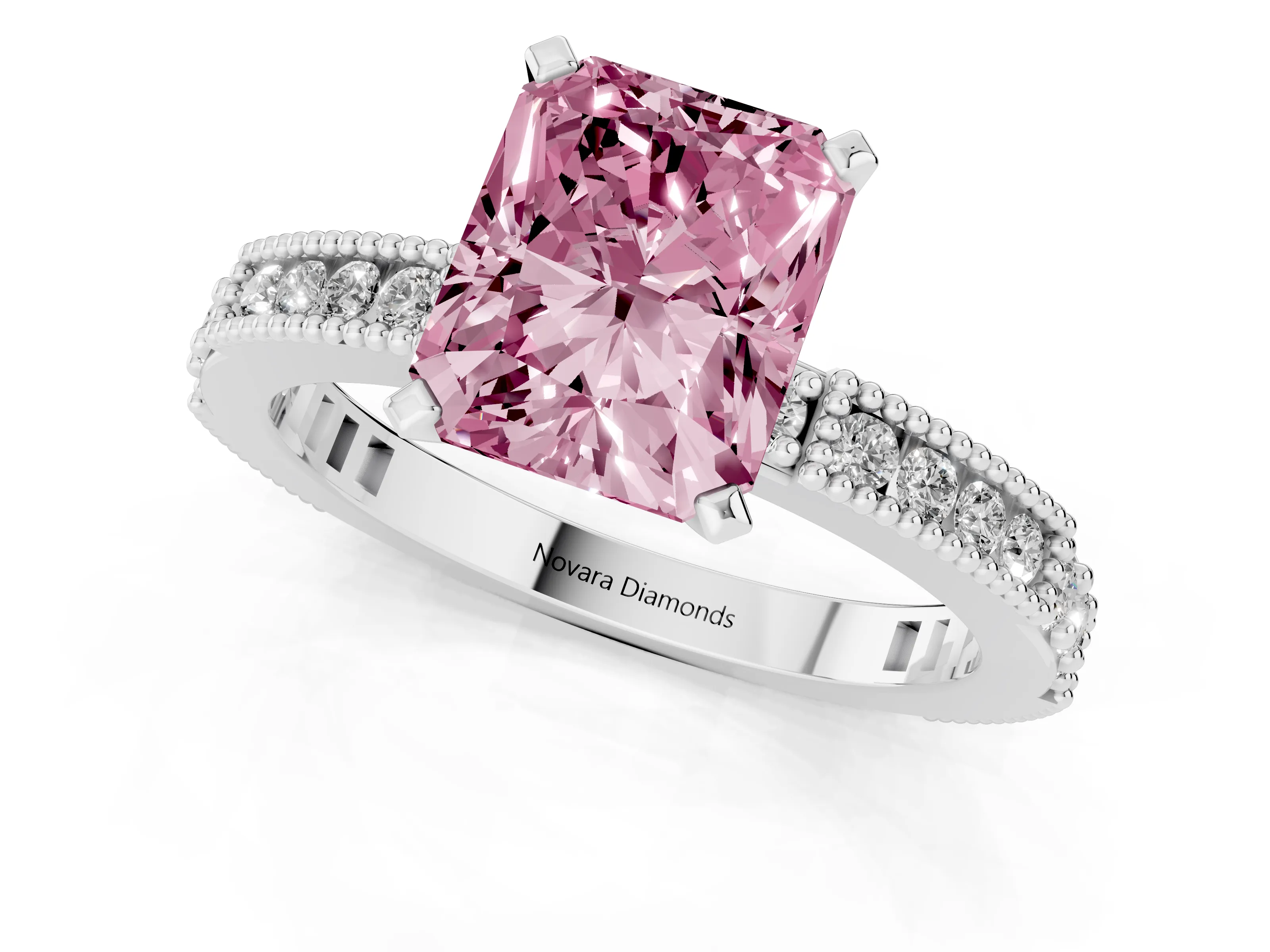 Fancy Pink Radiant Cut Diamond Solitaire Ring Set in Silver with Slim Pavé Band and Prong Setting