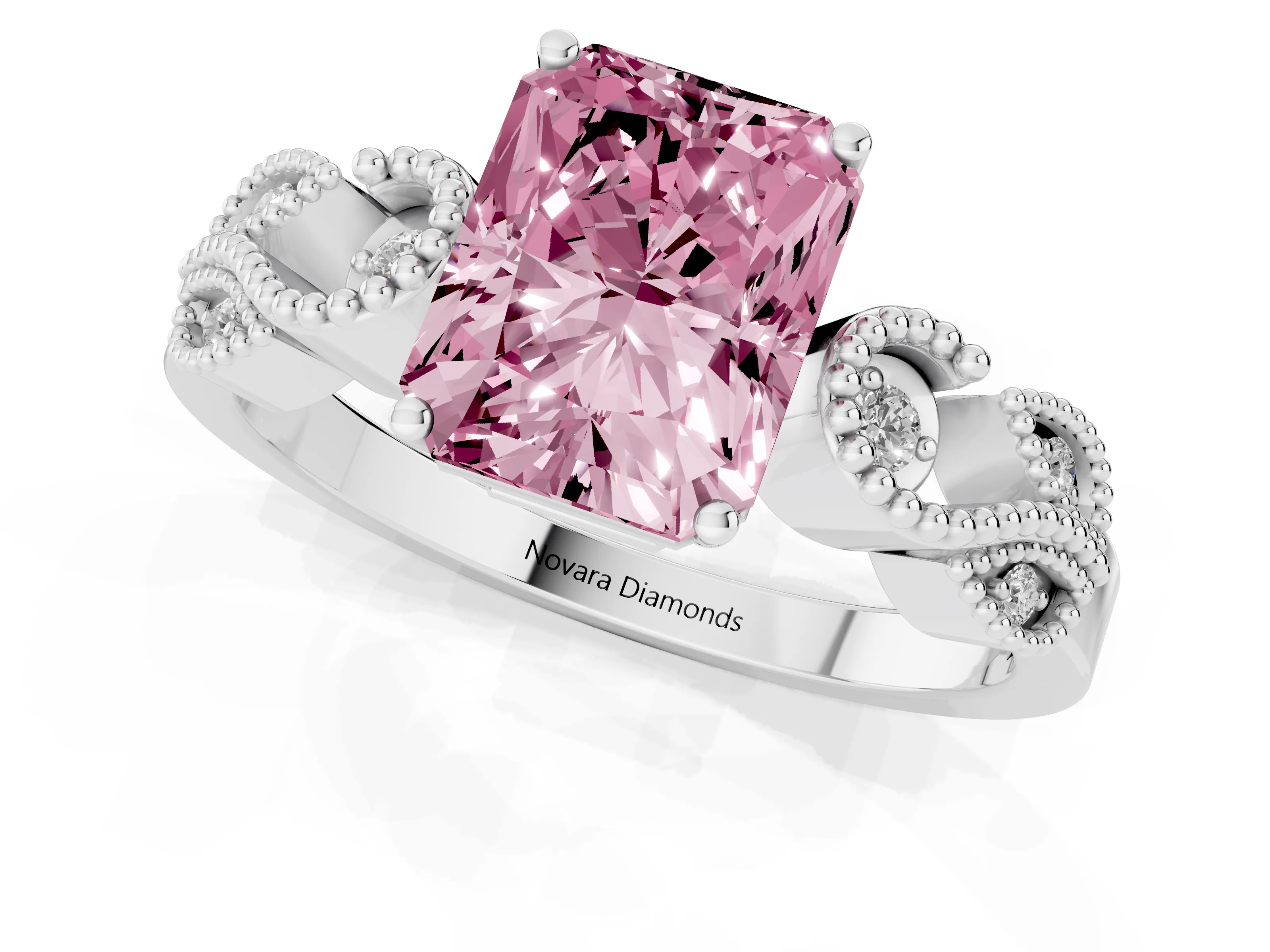 Fancy Pink Radiant Cut Diamond Milgrain Leaf Band Solitaire Ring Set in Platinum with Accent Stones and Prong Setting