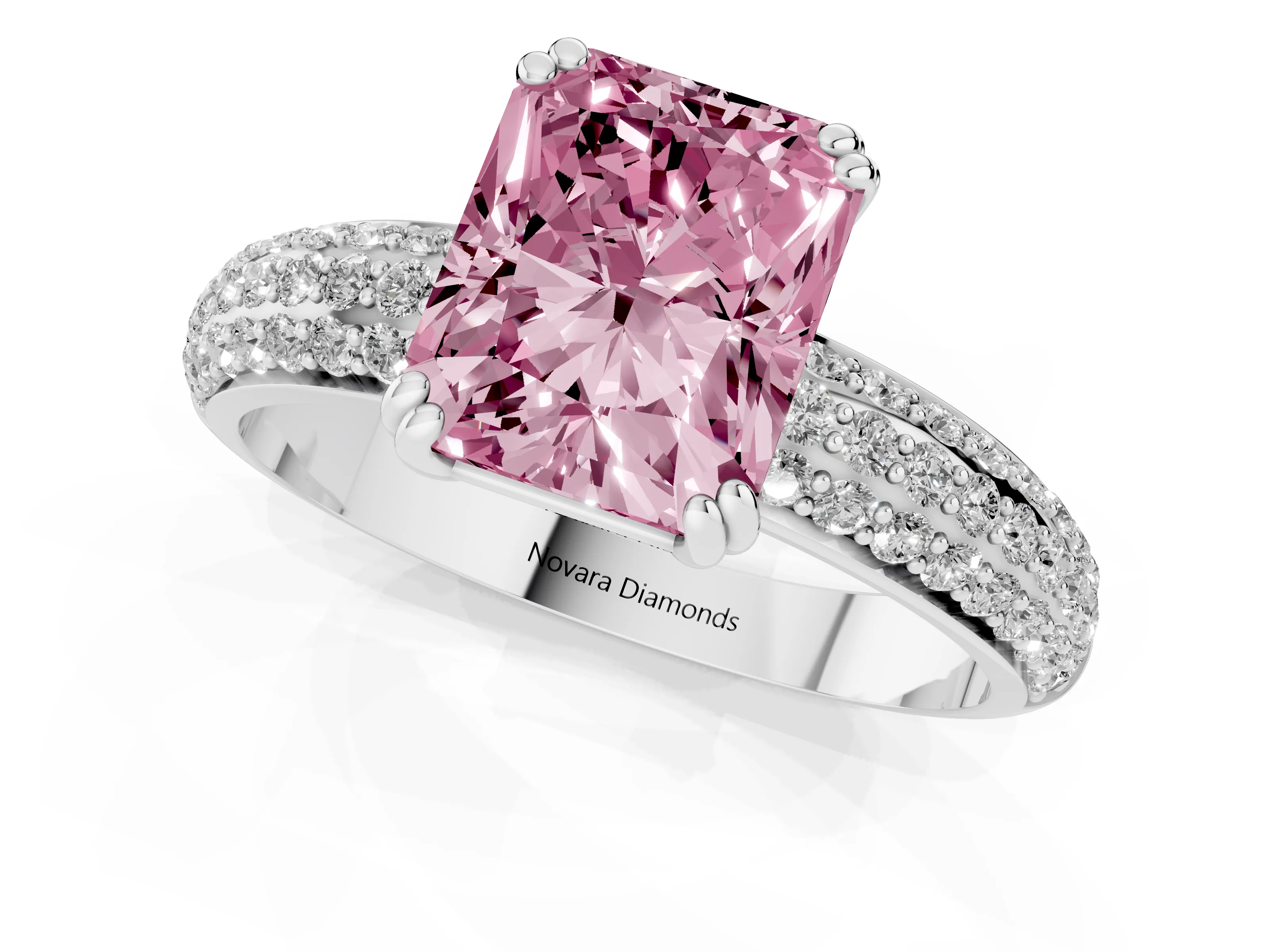 Fancy Pink Radiant Cut Diamond Solitaire Ring Set in Platinum with Multi-Row Round Pavé Band and Prong Setting