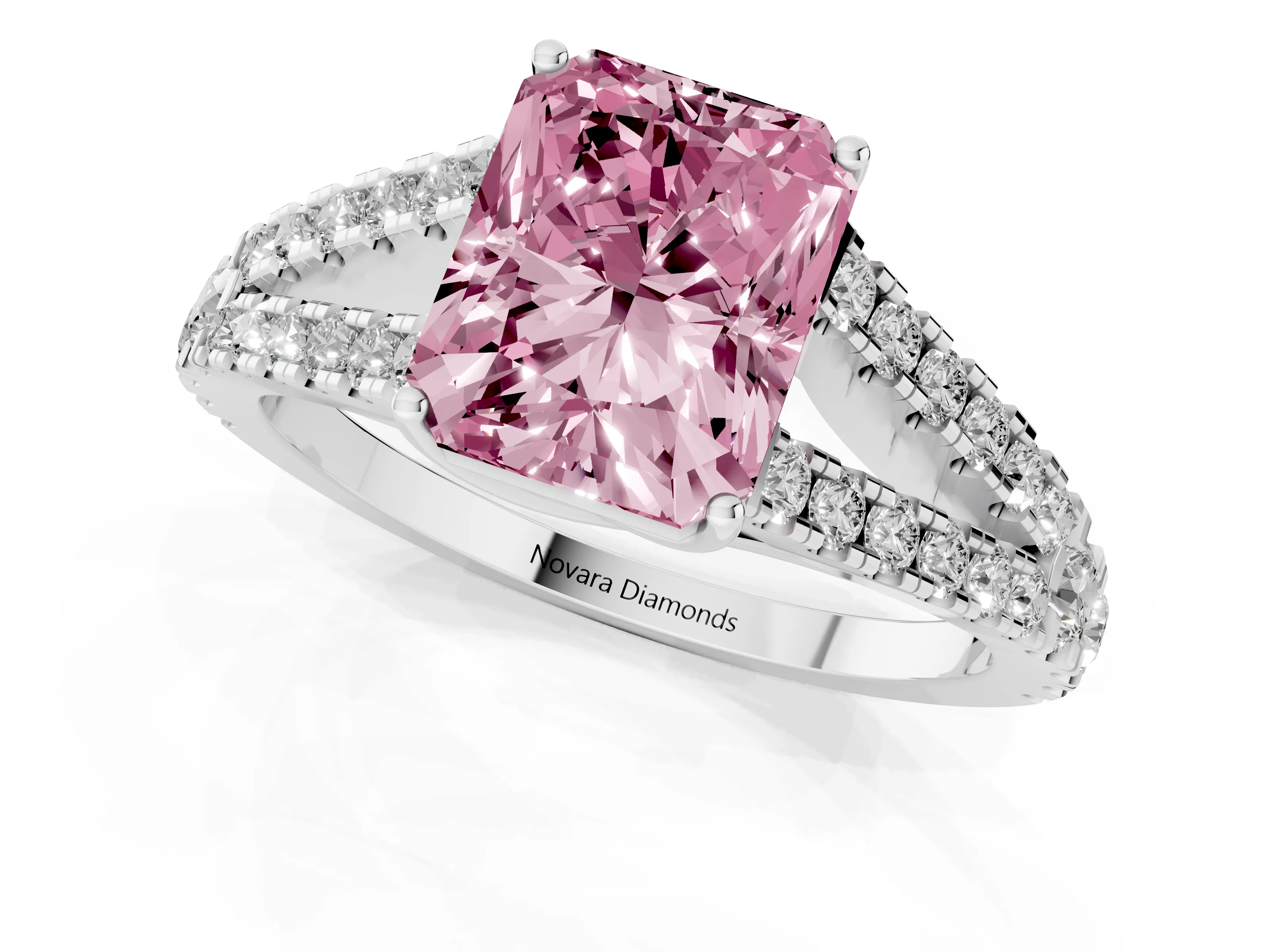 Fancy Pink Radiant Cut Diamond Split Shank Pavé Engagement Ring Set in Platinum with Prong-Held Center Stone