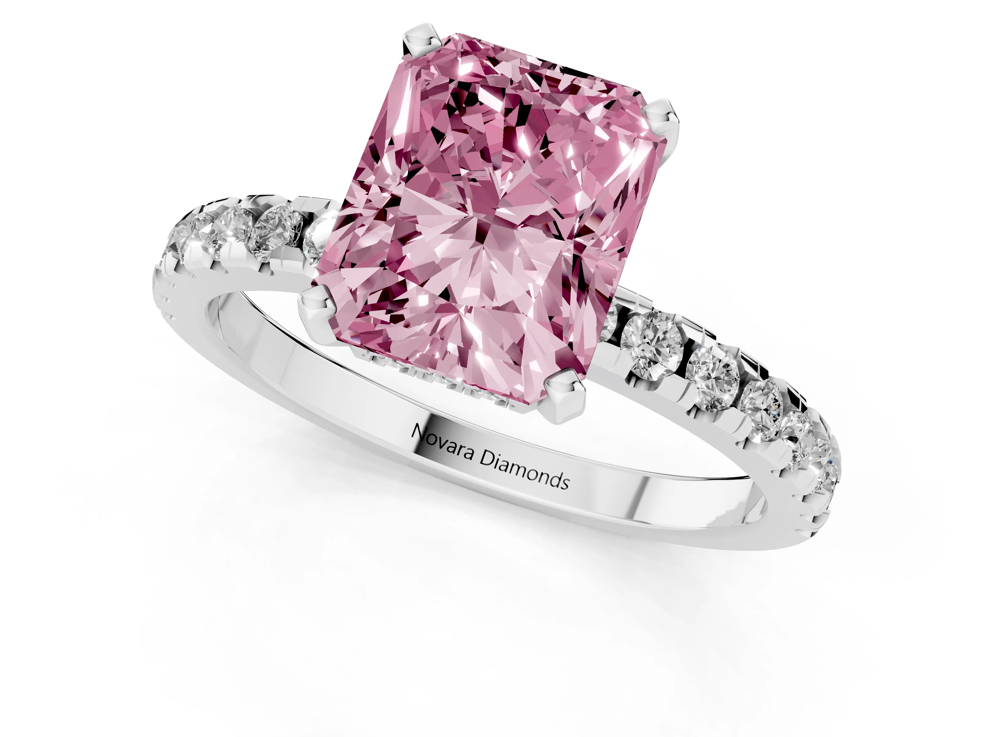 Fancy Pink Radiant Cut Diamond Pavé Solitaire Ring Set in White gold with Round Band Accents and Prong Setting