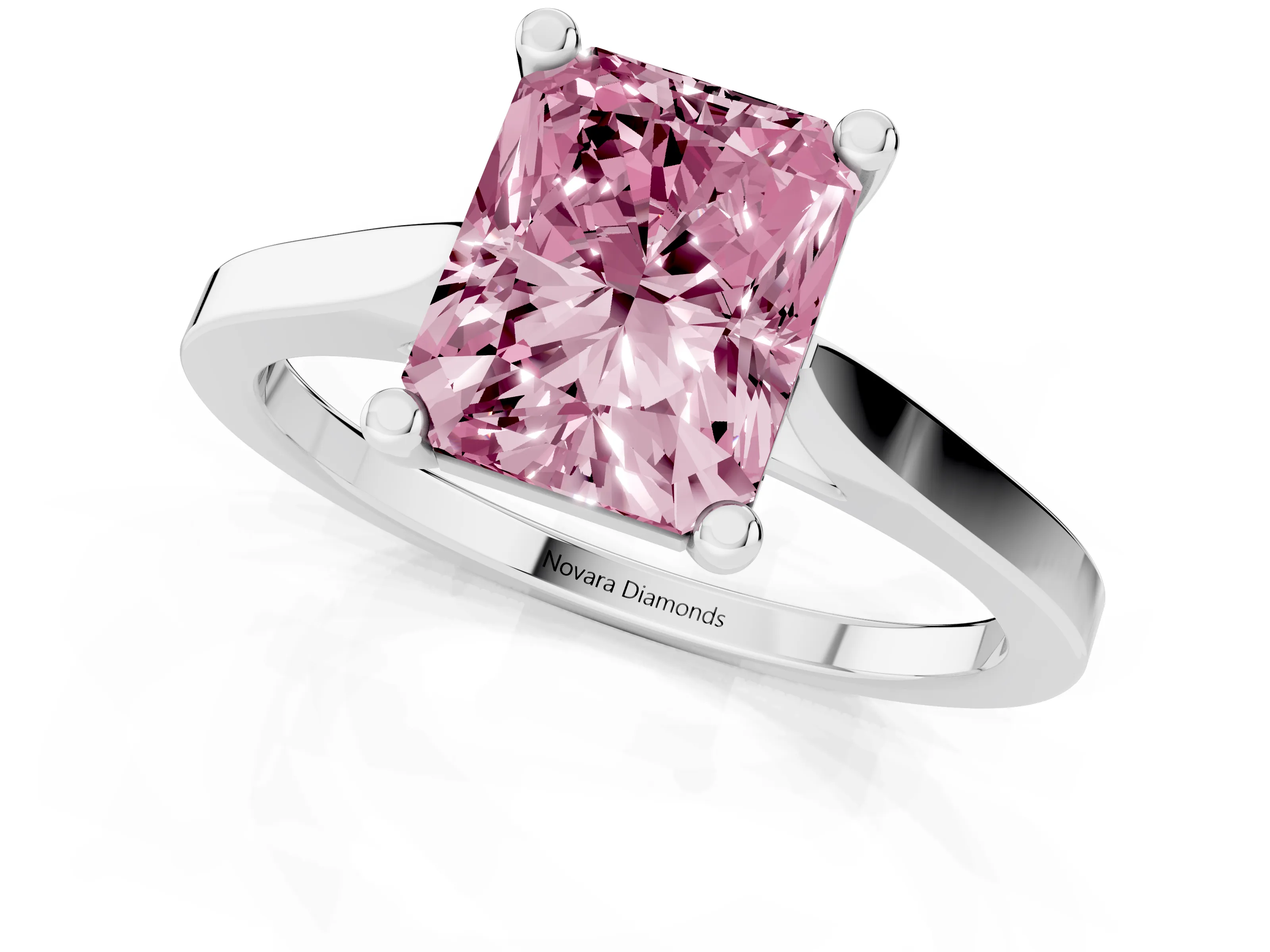Fancy Pink Radiant Cut Diamond Solitaire Ring Set in Silver with Prong Setting and Tapered Band