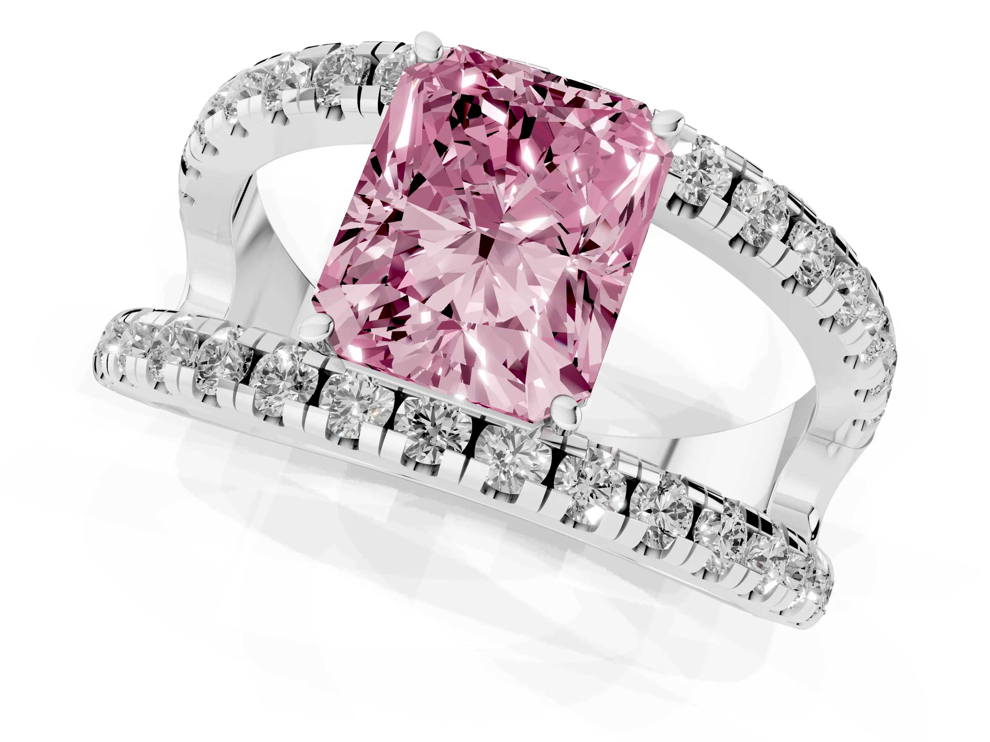 Fancy Pink Radiant Cut Diamond Split Shank Pavé Solitaire Ring Set in Platinum with Open Shank Design