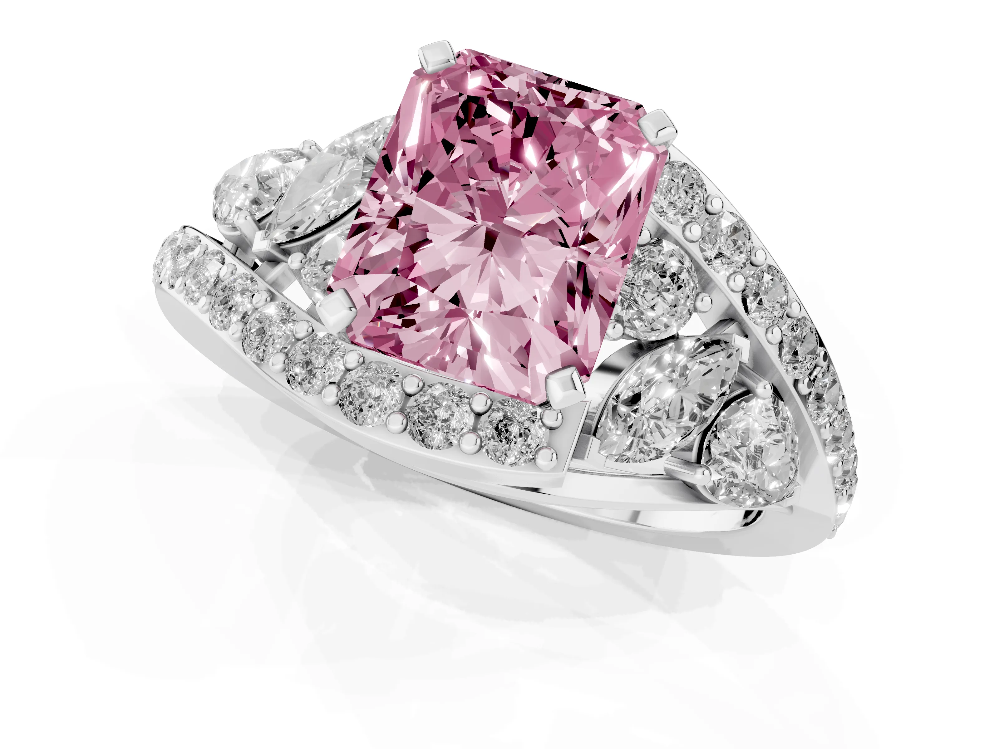 Fancy Pink Radiant Cut Diamond Halo Ring Set in Silver with Marquise and Pavé Band in Prong Setting