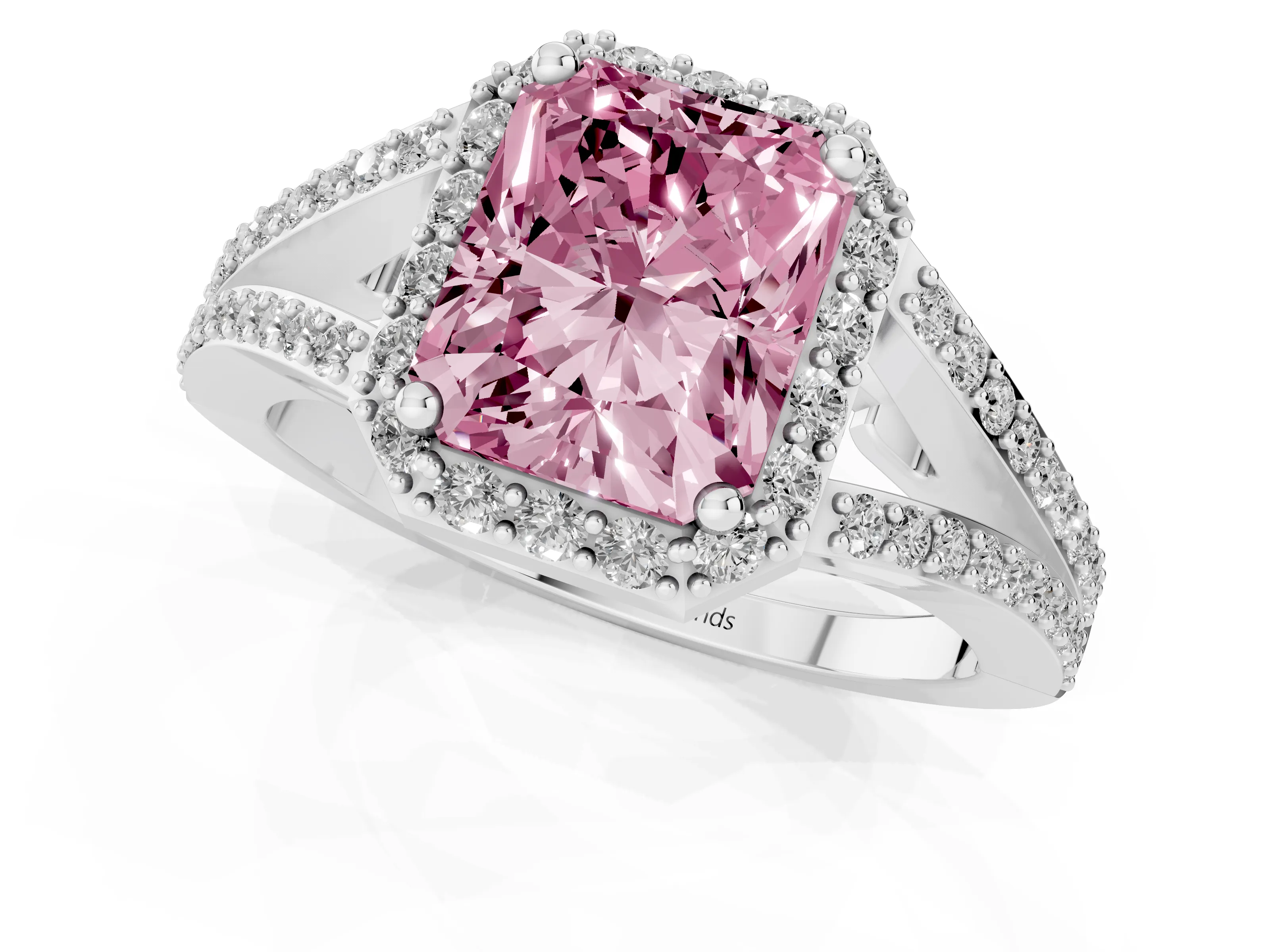 Fancy Pink Radiant Cut Diamond Halo Split Shank Pavé Ring Set in Silver with Prong Setting