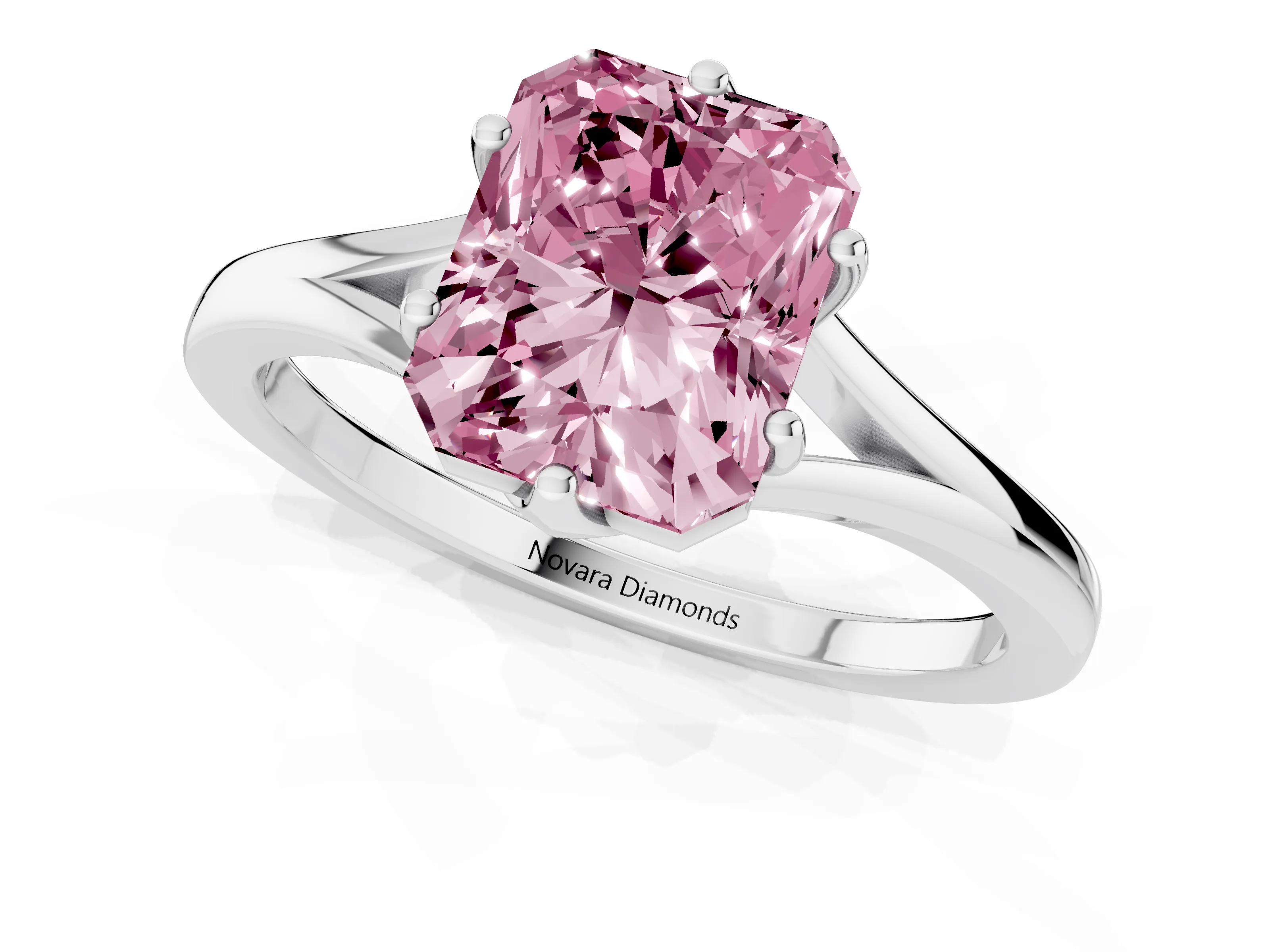 Fancy Pink Radiant Cut Diamond Solitaire Ring Set in Platinum with Polished Tapered Band and Prong Setting